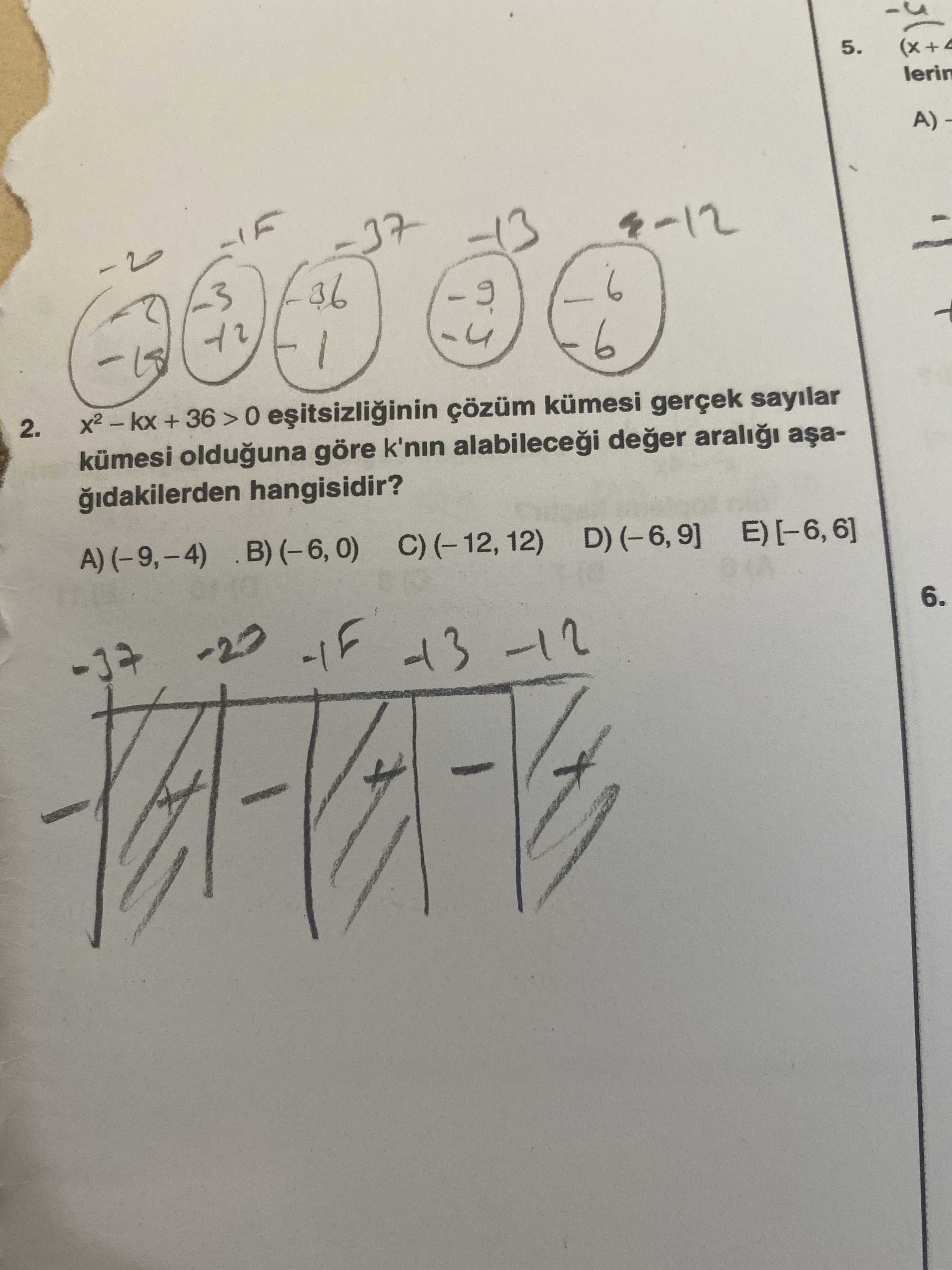 x² – kx + 36 > 0 eşitsizliğinin çözüm kümesi gerçek sayılar kümesi olduğuna göre k'nın alabileceği