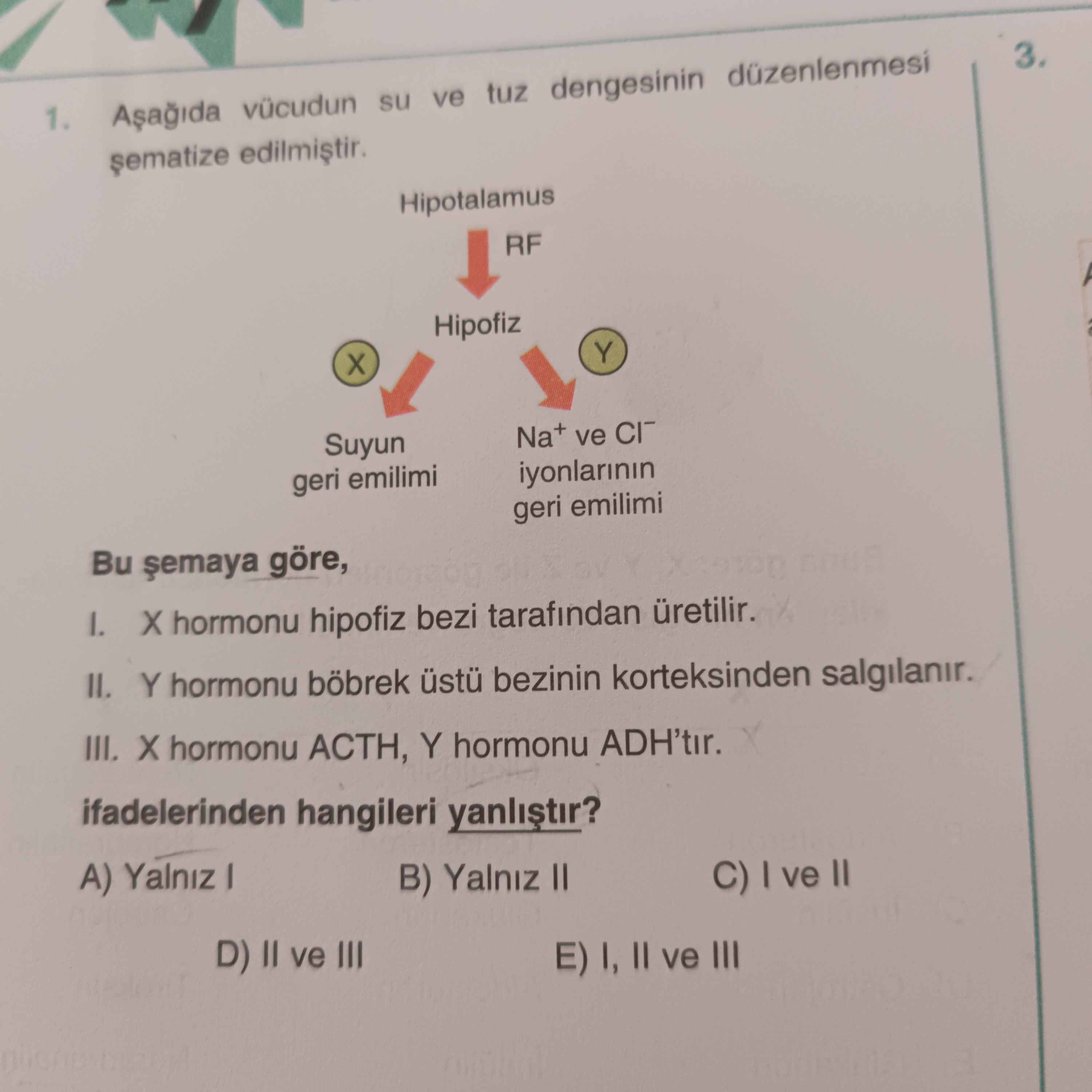 Aşağıda vücudun su ve tuz dengesinin düzenlenmesi şematize edilmiştir. Bu şemaya göre, I. X hormonu