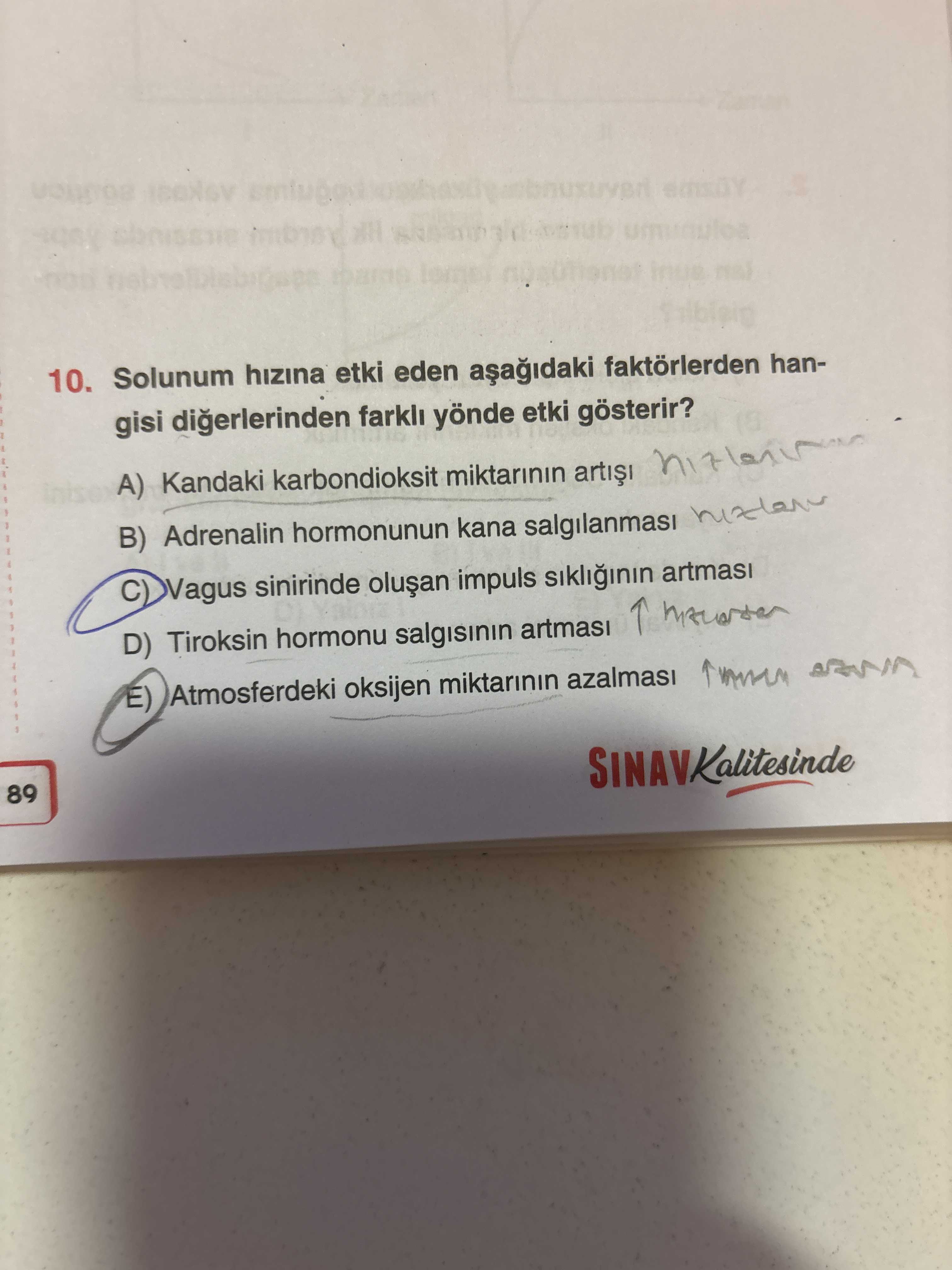 Solunum hızına etki eden aşağıdaki faktörlerden hangisi diğerlerinden farklı yönde etki gösterir?