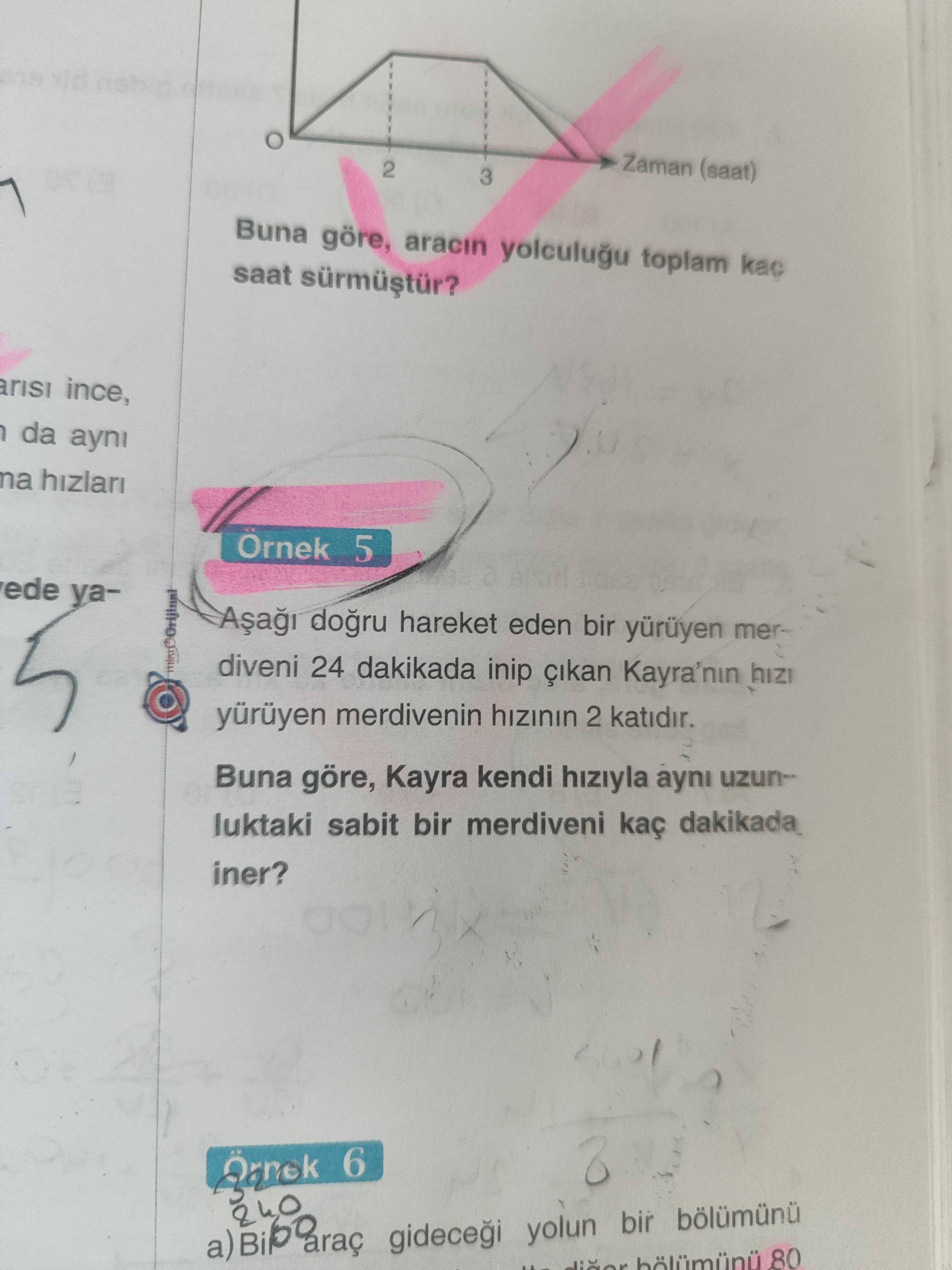 Örnek 5 Aşağı doğru hareket eden bir yürüyen merdiveni 24 dakikada inip çıkan Kayra'nın hızı yürüyen