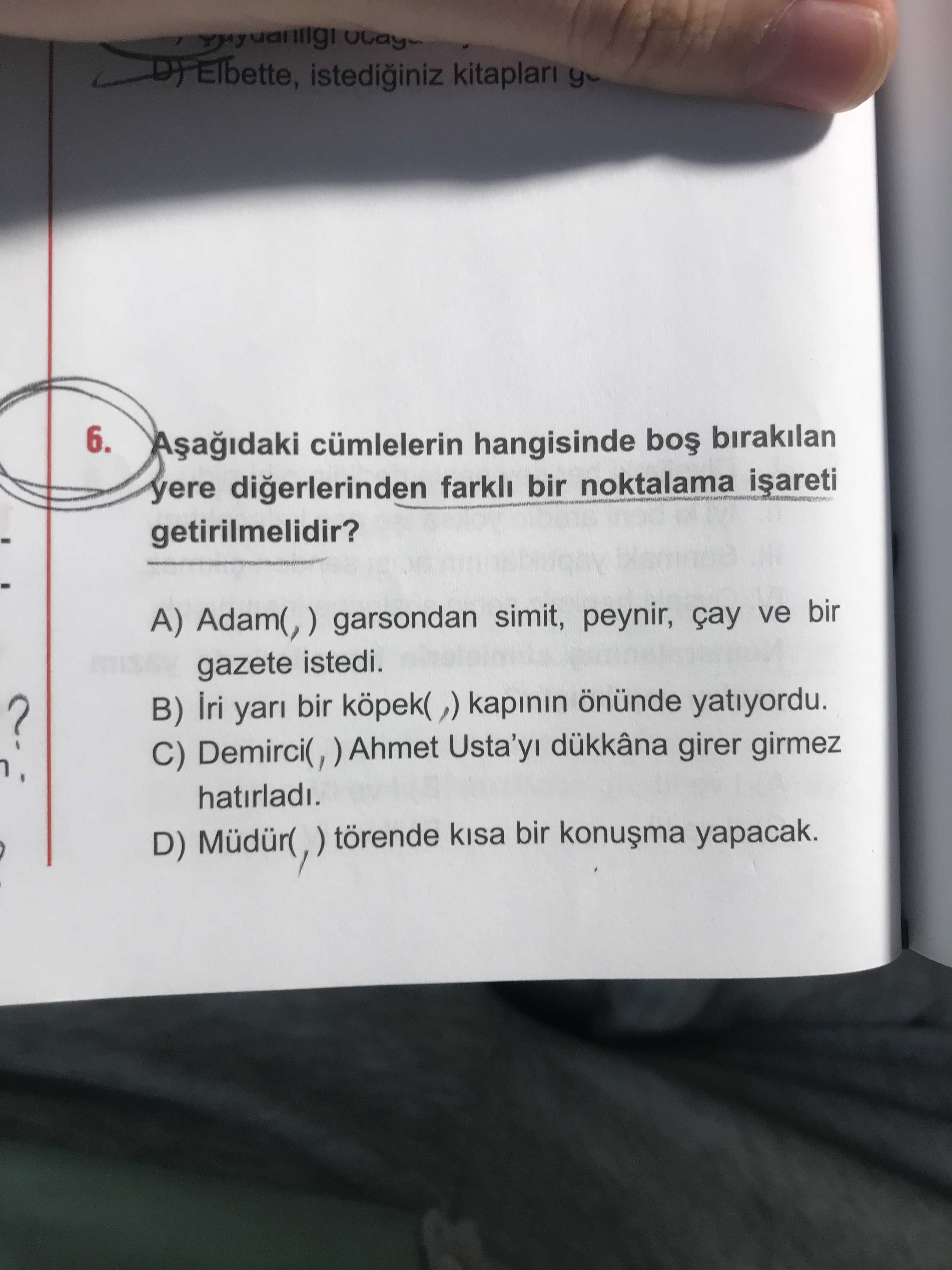 Aşağıdaki cümlelerin hangisinde boş bırakılan yere diğerlerinden farklı bir noktalama işareti
