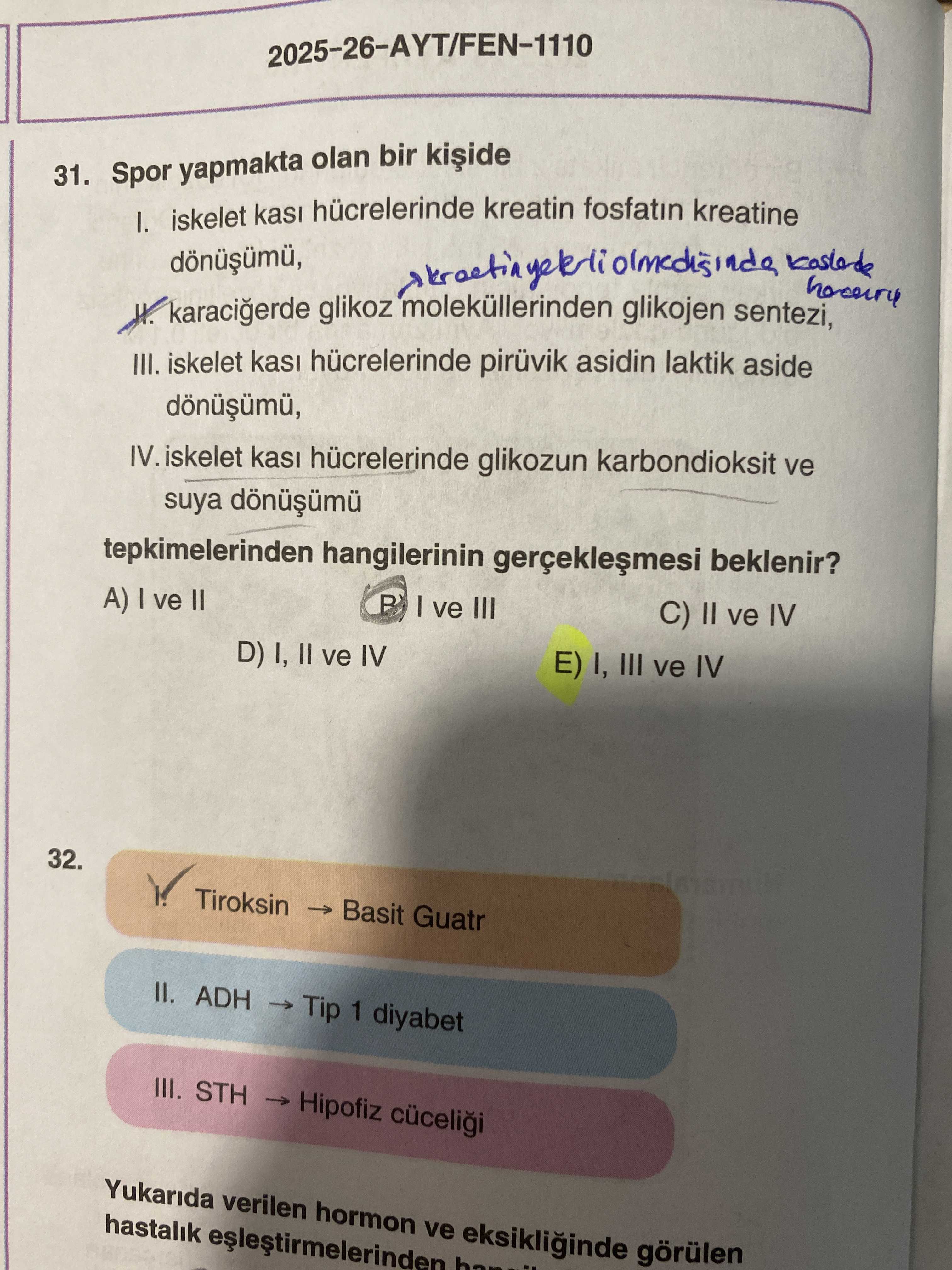 Spor yapmakta olan bir kişide I. iskelet kası hücrelerinde kreatin fosfatın kreatine dönüşümü, II