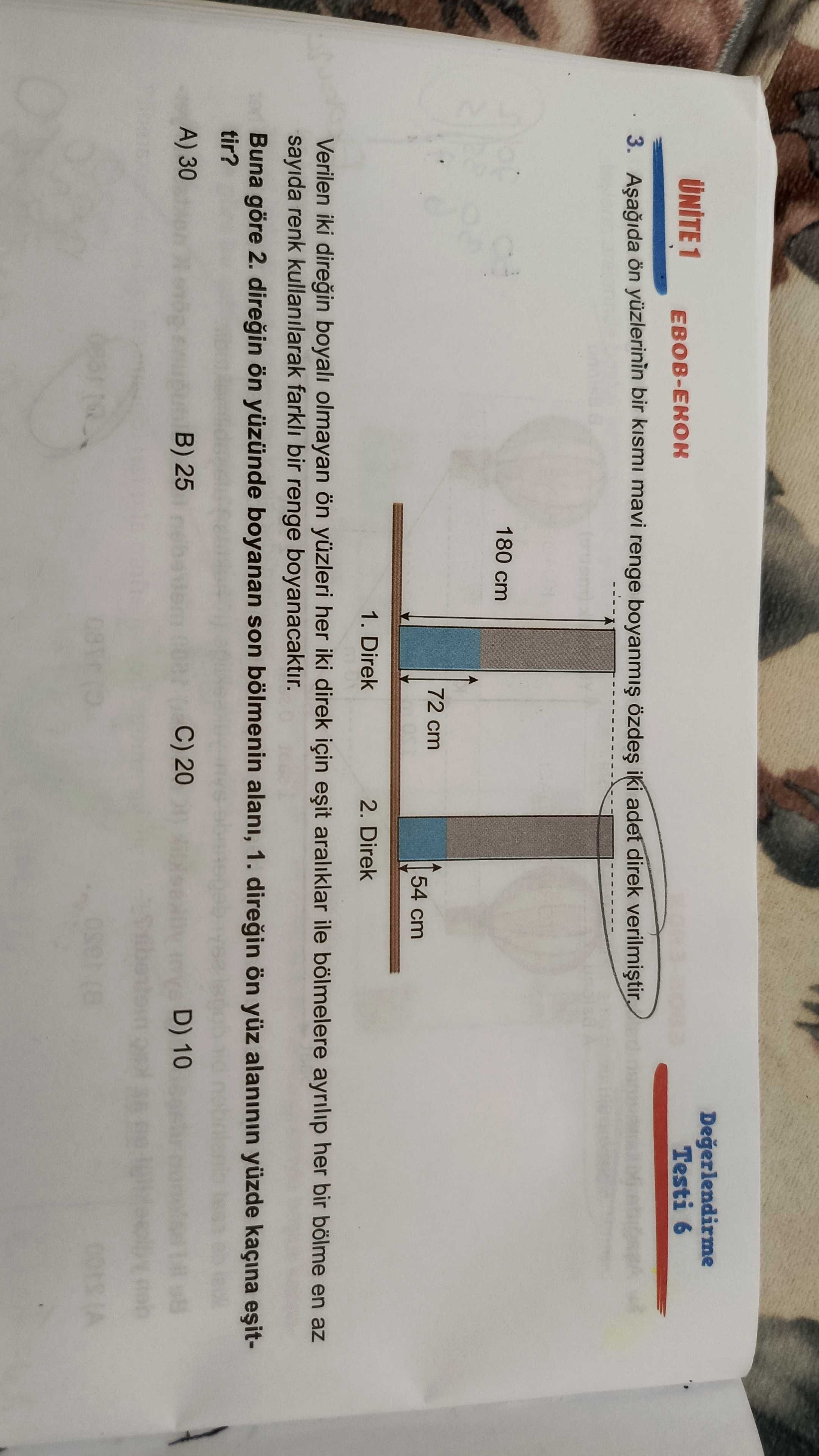 Aşağıda ön yüzlerinin bir kısmı mavi renge boyanmış özdeş iki adet direk verilmiştir. Verilen iki