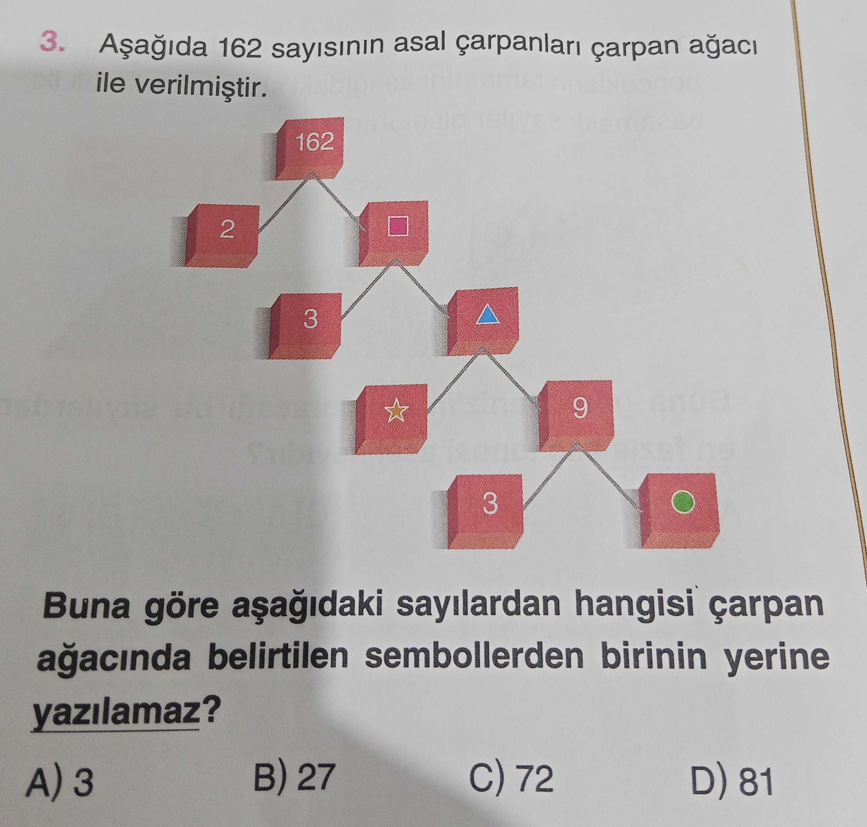 Aşağıda 162 sayısının asal çarpanları çarpan ağacı ile verilmiştir. Buna göre aşağıdaki sayılardan