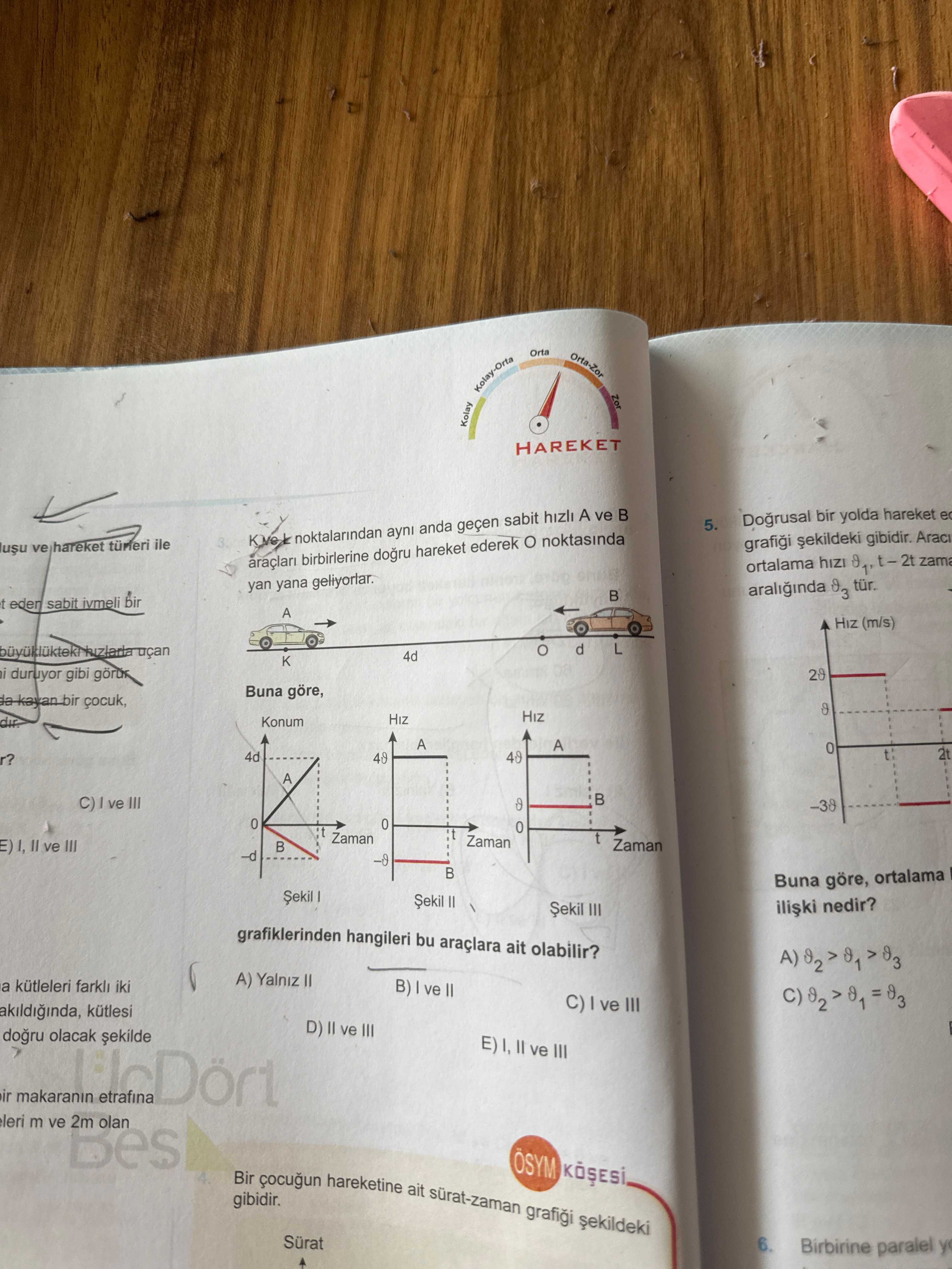 K ve L noktalarından aynı anda geçen sabit hızlı A ve B araçları birbirlerine doğru hareket ederek O