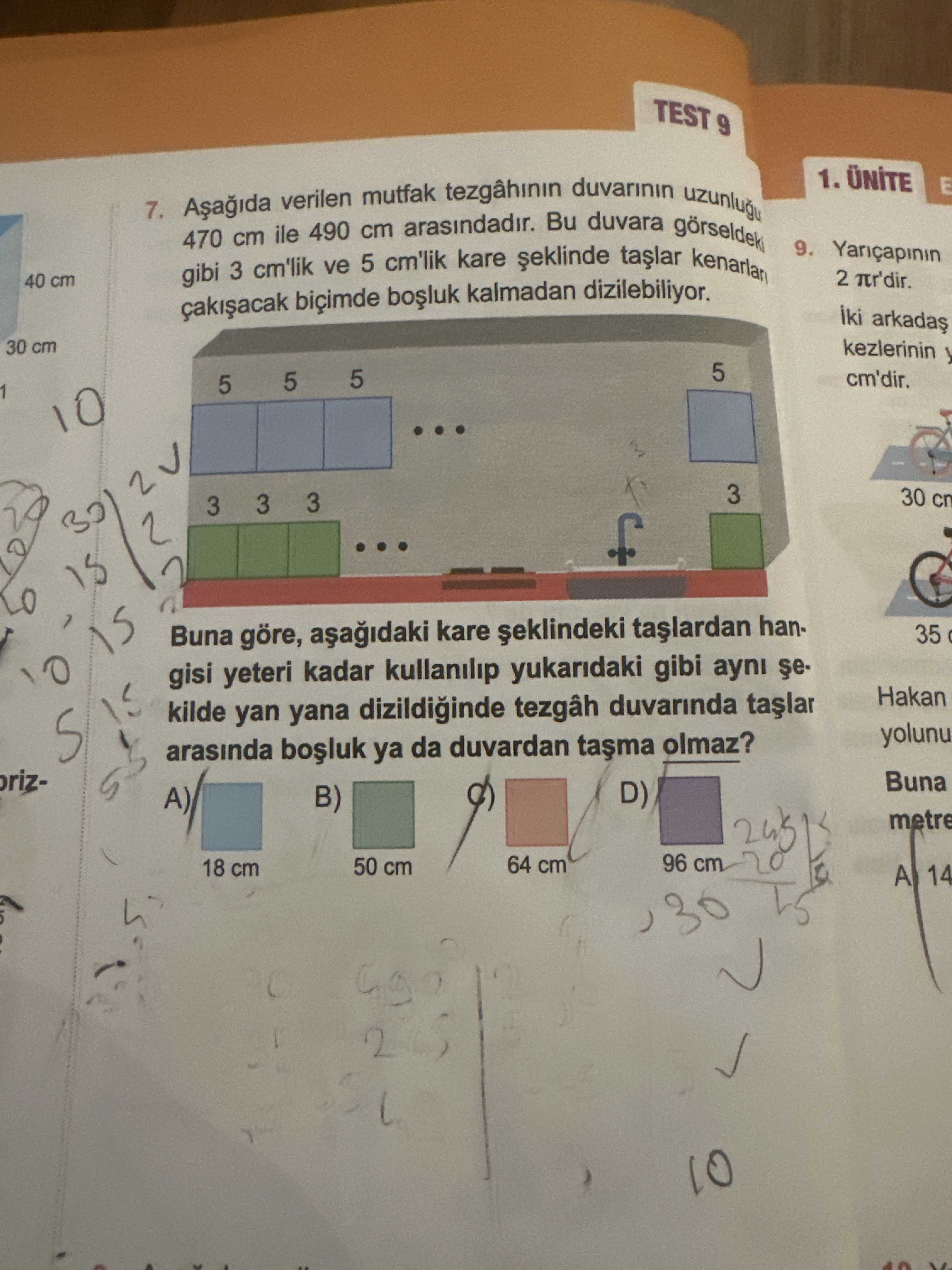Aşağıda verilen mutfak tezgâhının duvarının uzunluğu 470 cm ile 490 cm arasındadır. Bu duvara