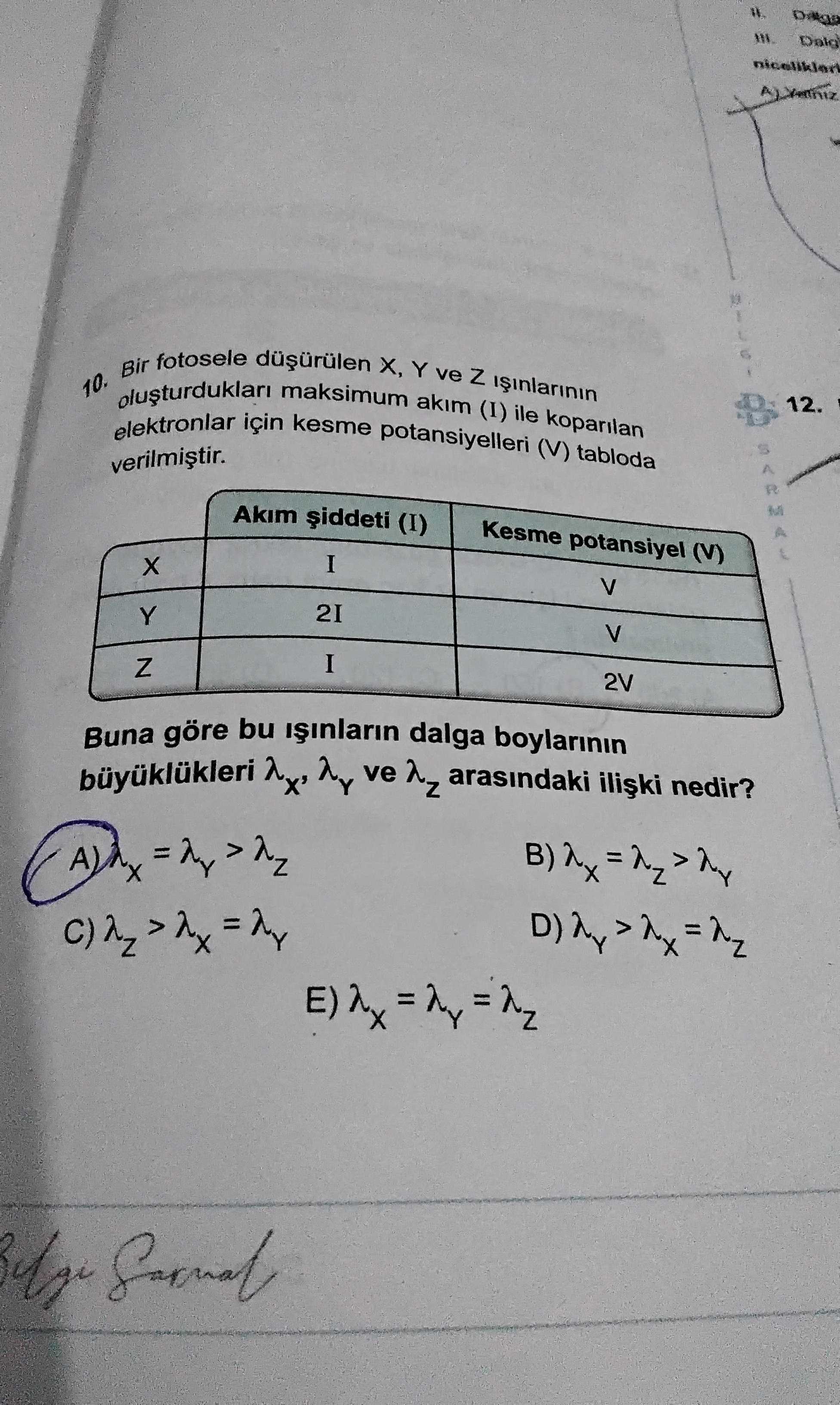 Bir fotosele düşürülen X, Y ve Z ışınlarının oluşturdukları maksimum akım (I) ile koparılan
