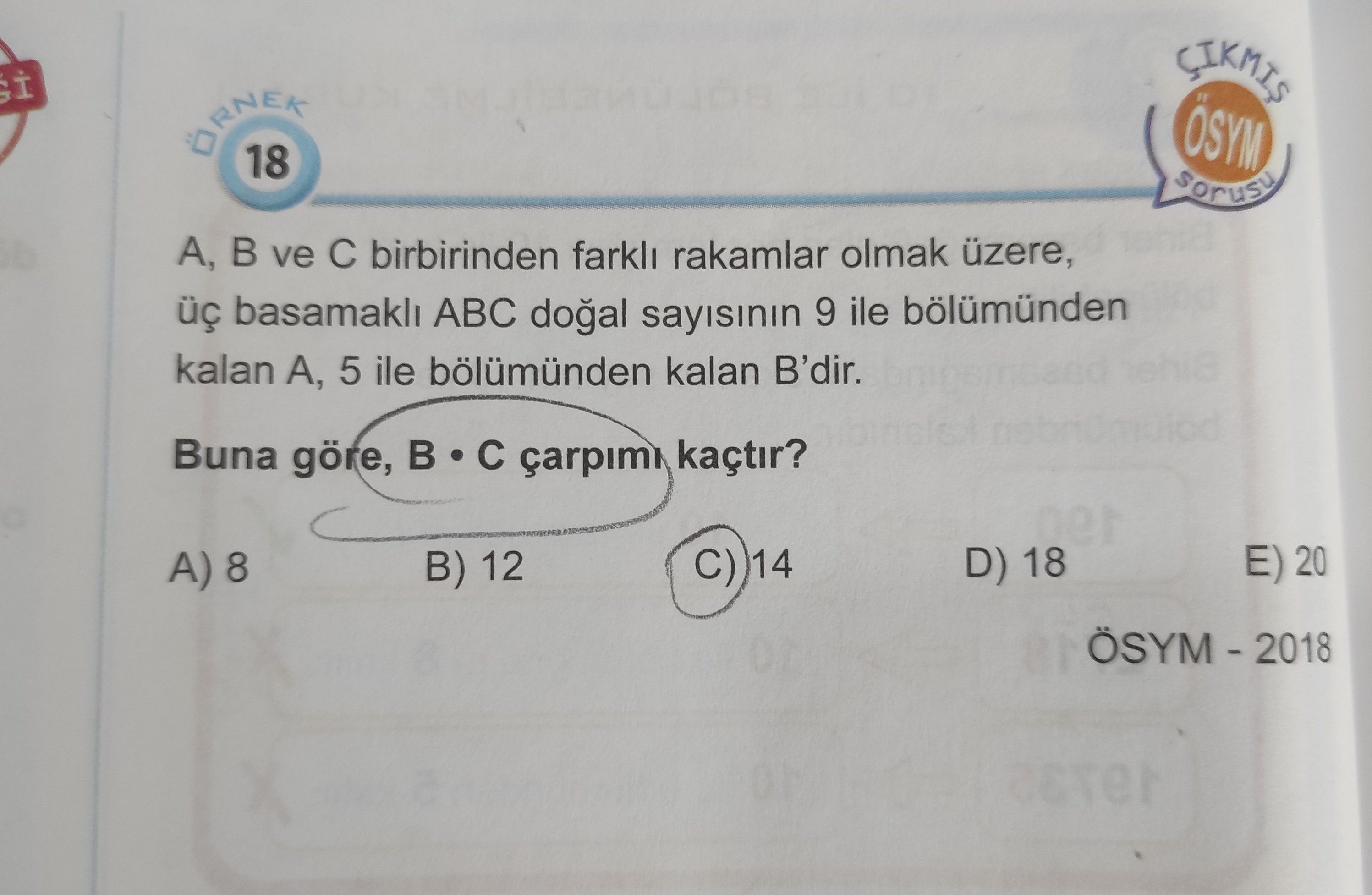 A, B ve C birbirinden farklı rakamlar olmak üzere, üç basamaklı ABC doğal sayısının 9 ile bölümünden