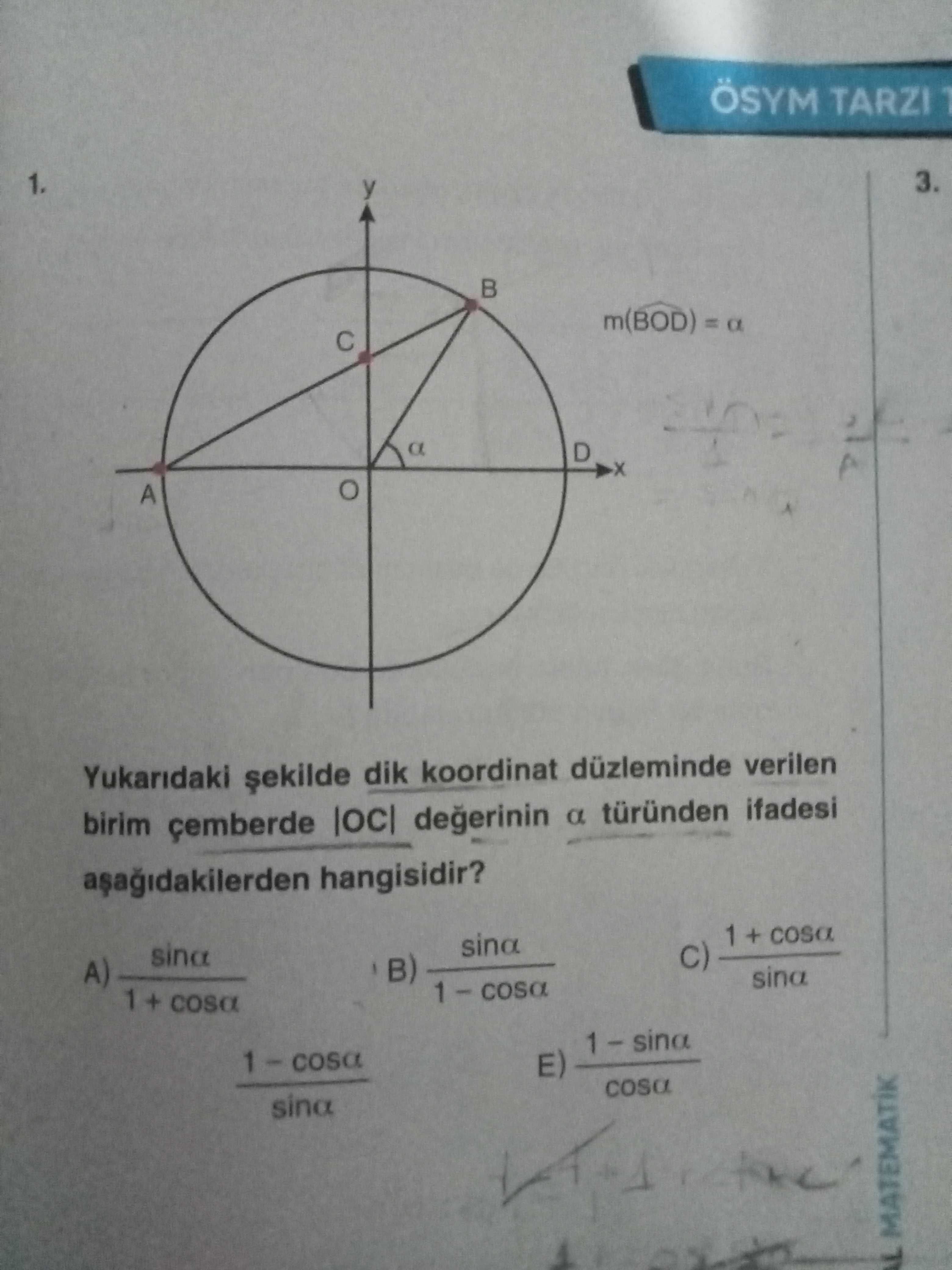 Yukarıdaki şekilde dik koordinat düzleminde verilen birim çemberde |OC| değerinin α türünden ifadesi