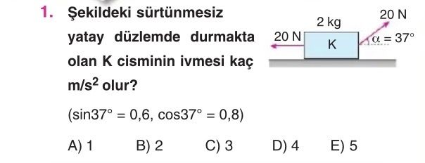 Şekildeki sürtünmesiz yatay düzlemde durmakta olan K cisminin ivmesi kaç m/s² olur? (sin37° = 0,6