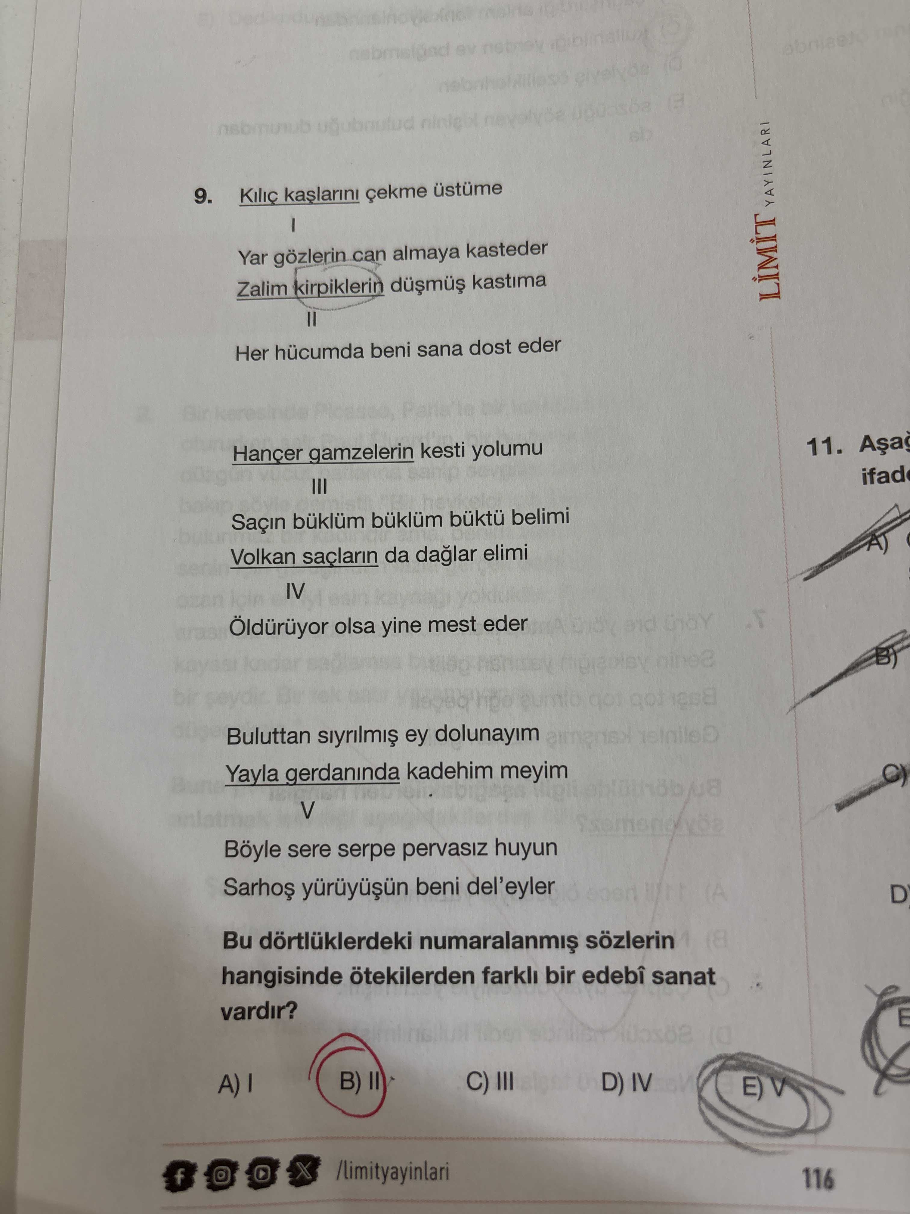 Kılıç kaşlarını çekme üstüme I Yar gözlerin can almaya kasteder Zalim kirpiklerin düşmüş kastıma II