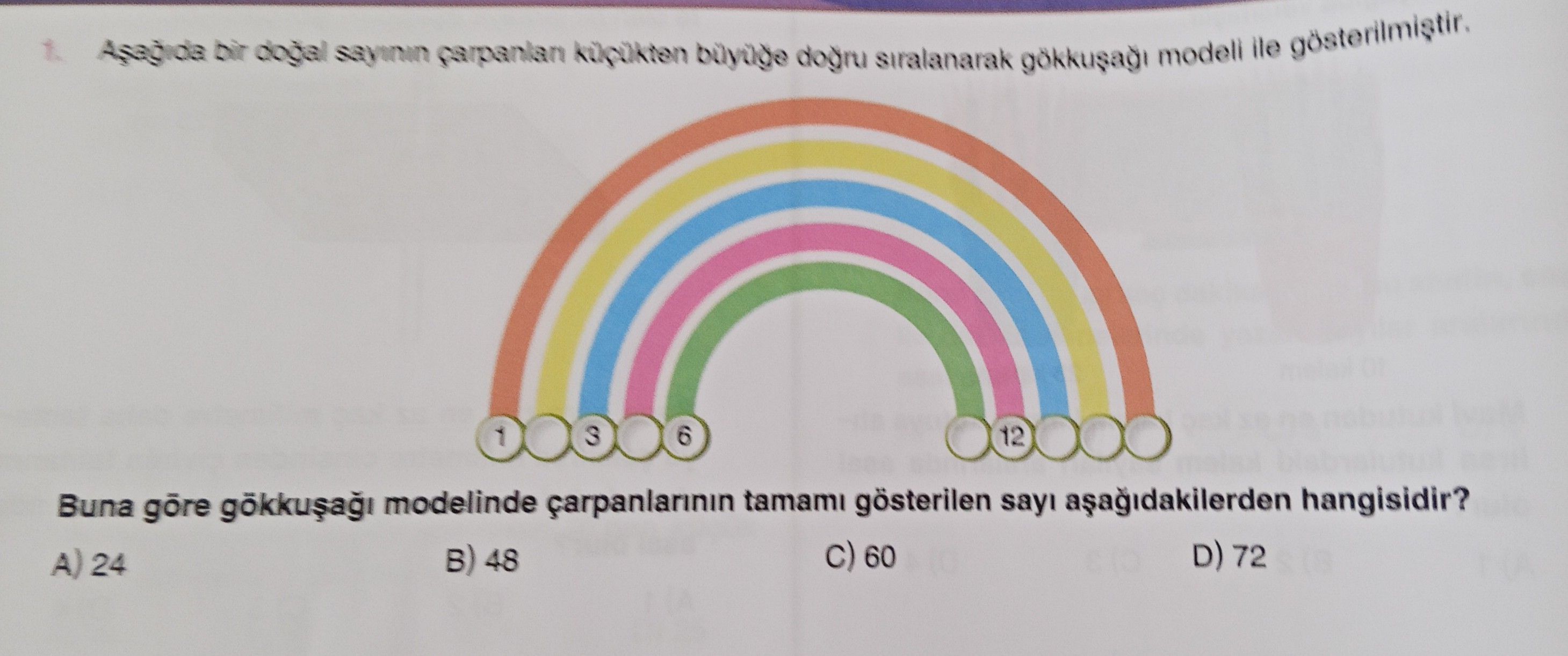 Aşağıda bir doğal sayının çarpanları küçükten büyüğe doğru sıralanarak gökkuşağı modeli ile