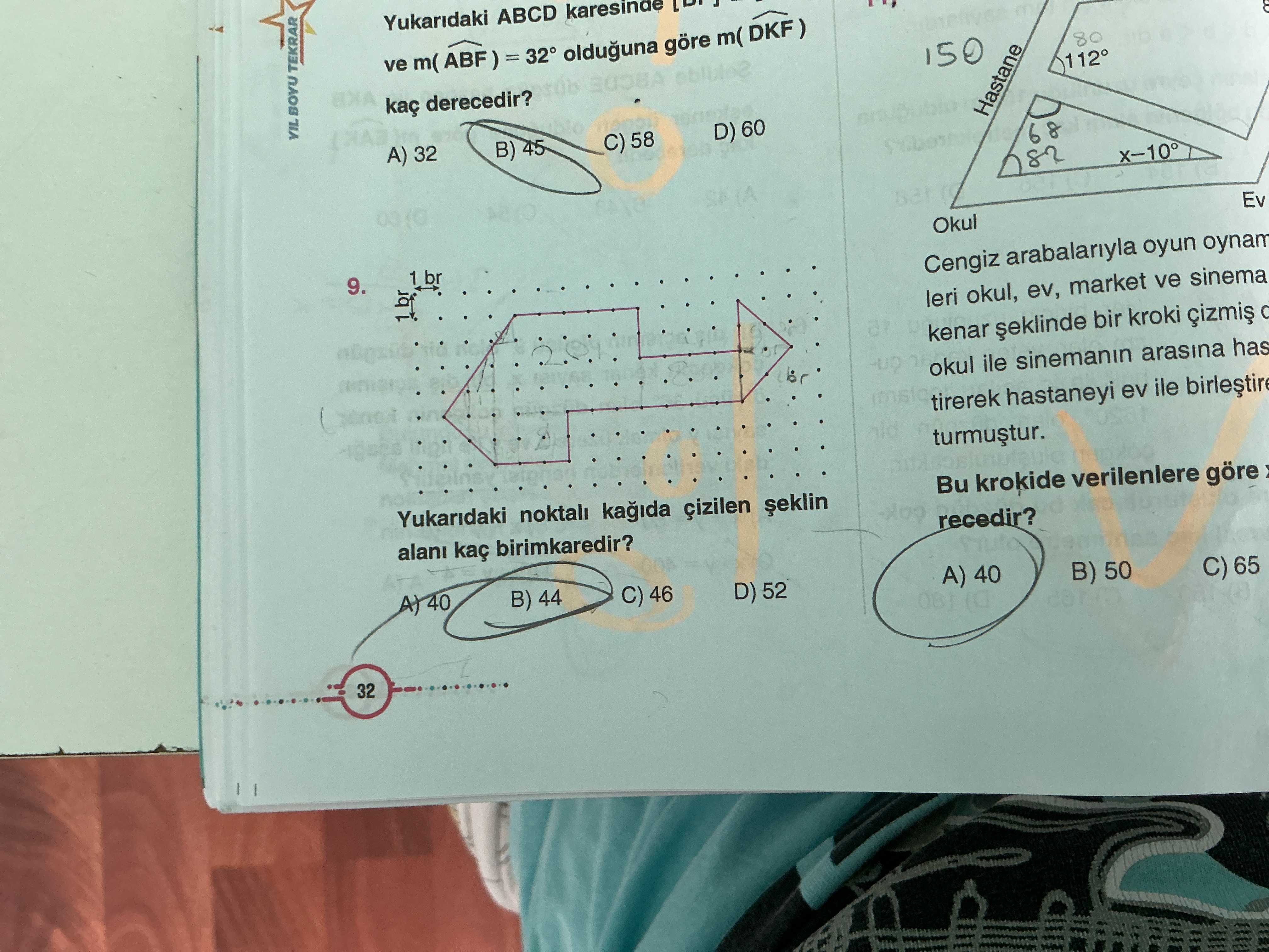 Yukarıdaki noktalı kağıda çizilen şeklin alanı kaç birimkaredir?