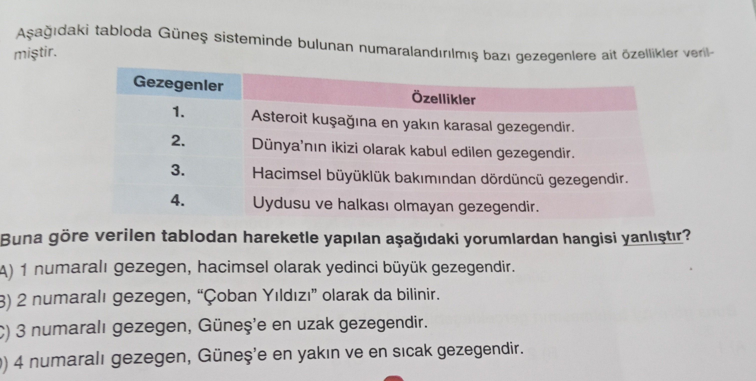 Aşağıdaki tabloda Güneş sisteminde bulunan numaralandırılmış bazı gezegenlere ait özellikler