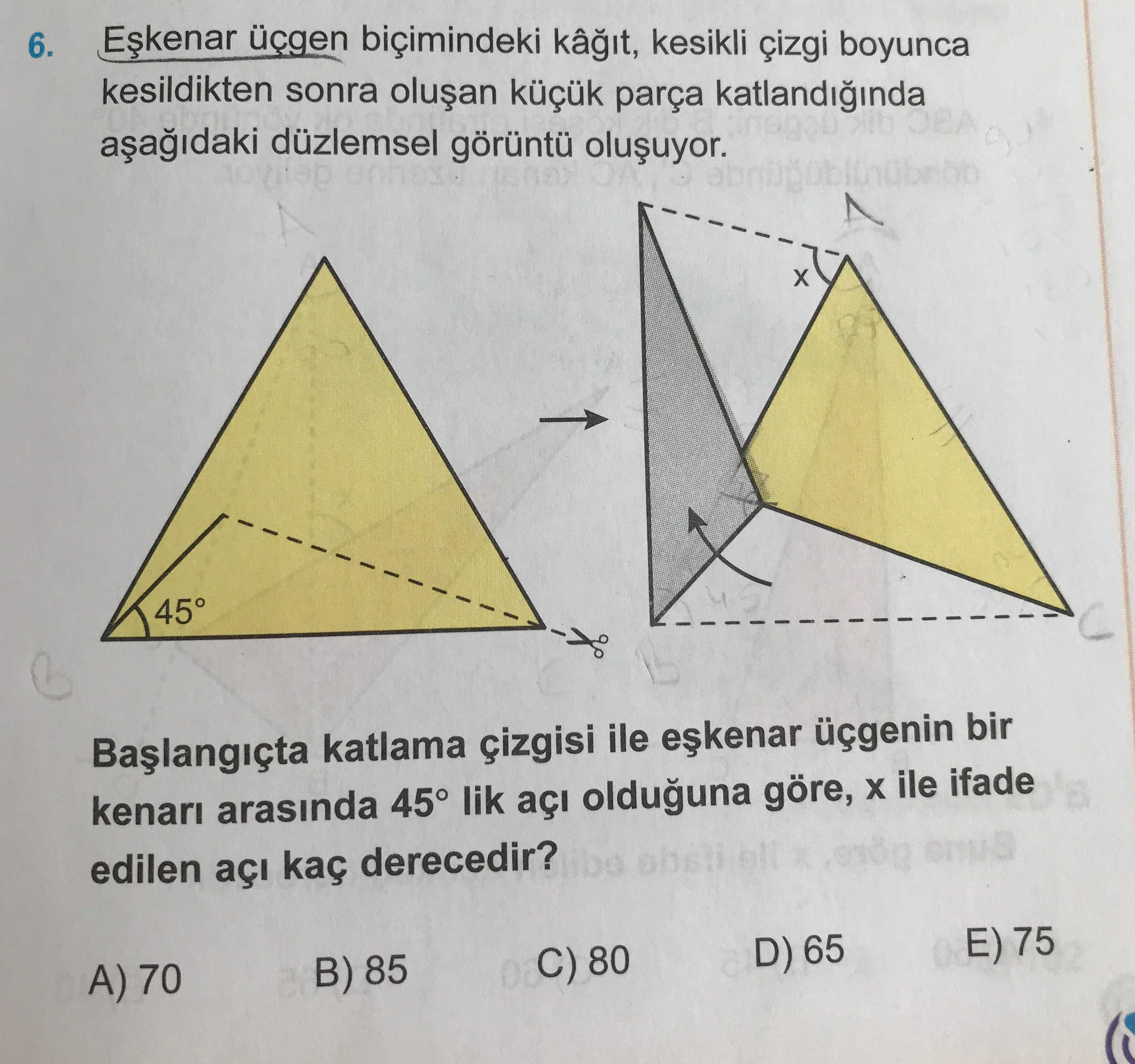 Eşkenar üçgen biçimindeki kâğıt, kesikli çizgi boyunca kesildikten sonra oluşan küçük parça