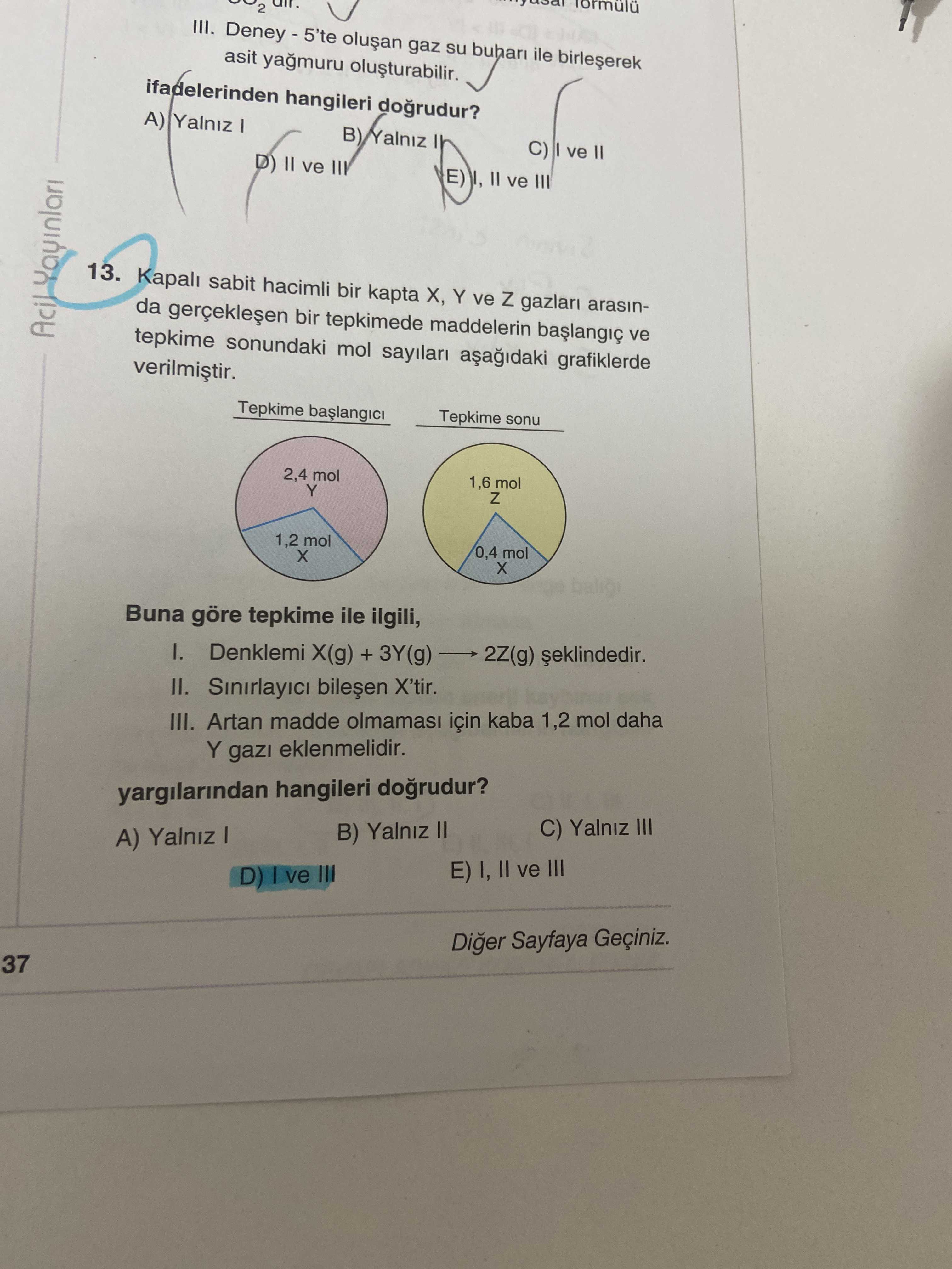 Kapalı sabit hacimli bir kapta X, Y ve Z gazları arasında gerçekleşen bir tepkimede maddelerin