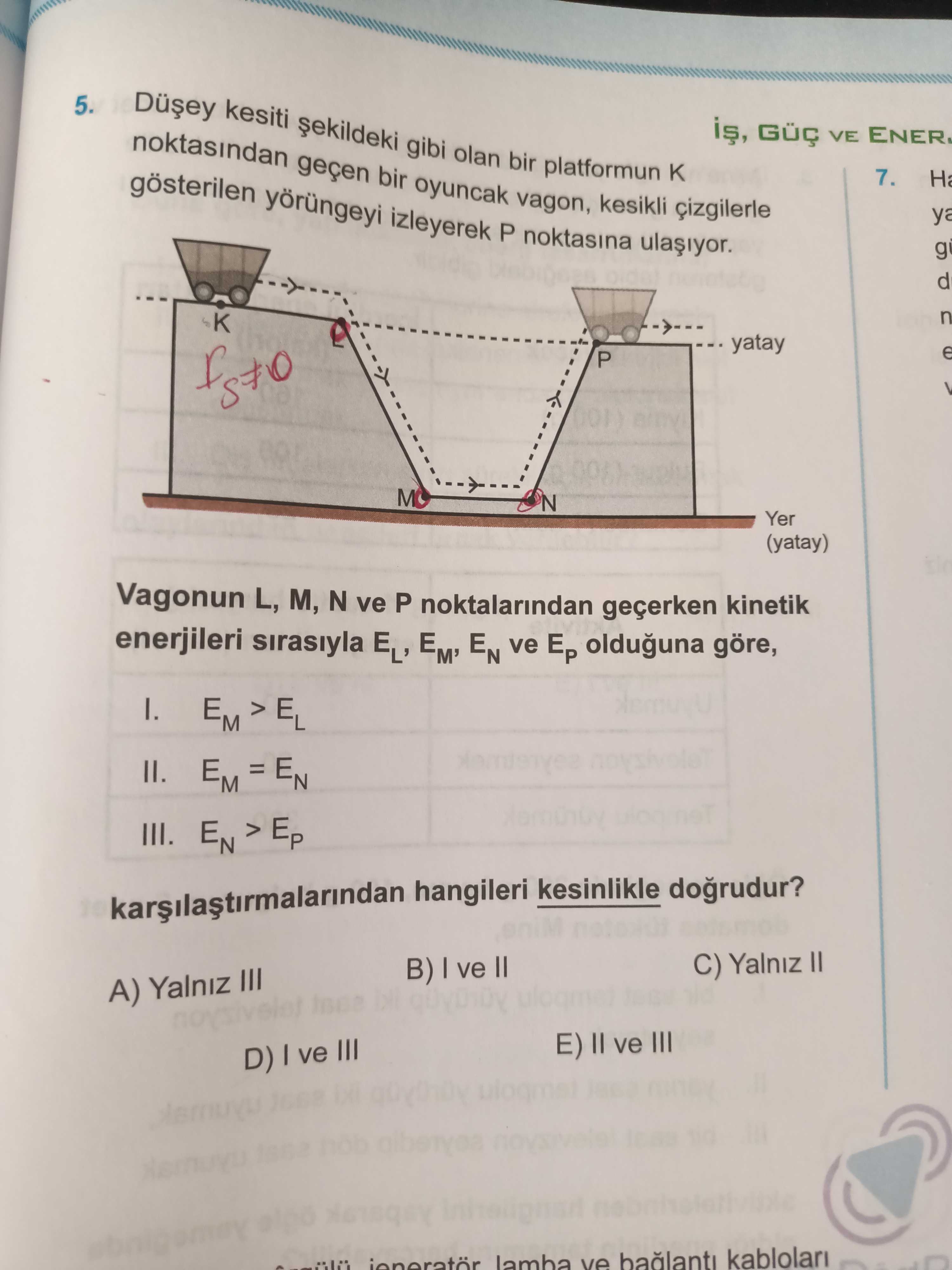 Düşey kesiti şekildeki gibi olan bir platformun K noktasından geçen bir oyuncak vagon, kesikli