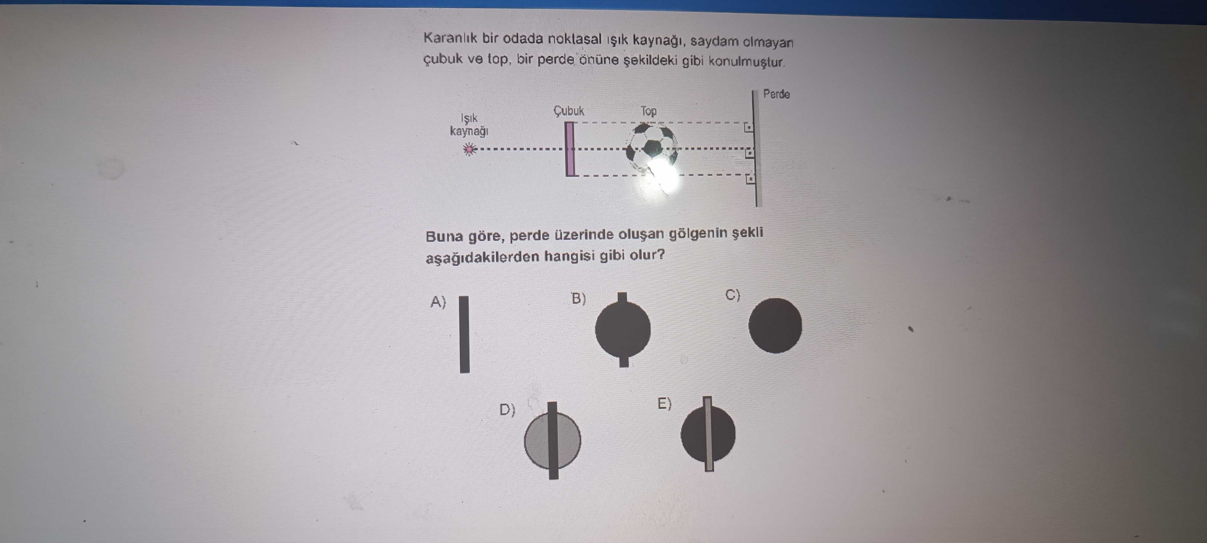 Karanlık bir odada noklasal ışık kaynağı, saydam olmayan çubuk ve top, bir perde önüne şekildeki