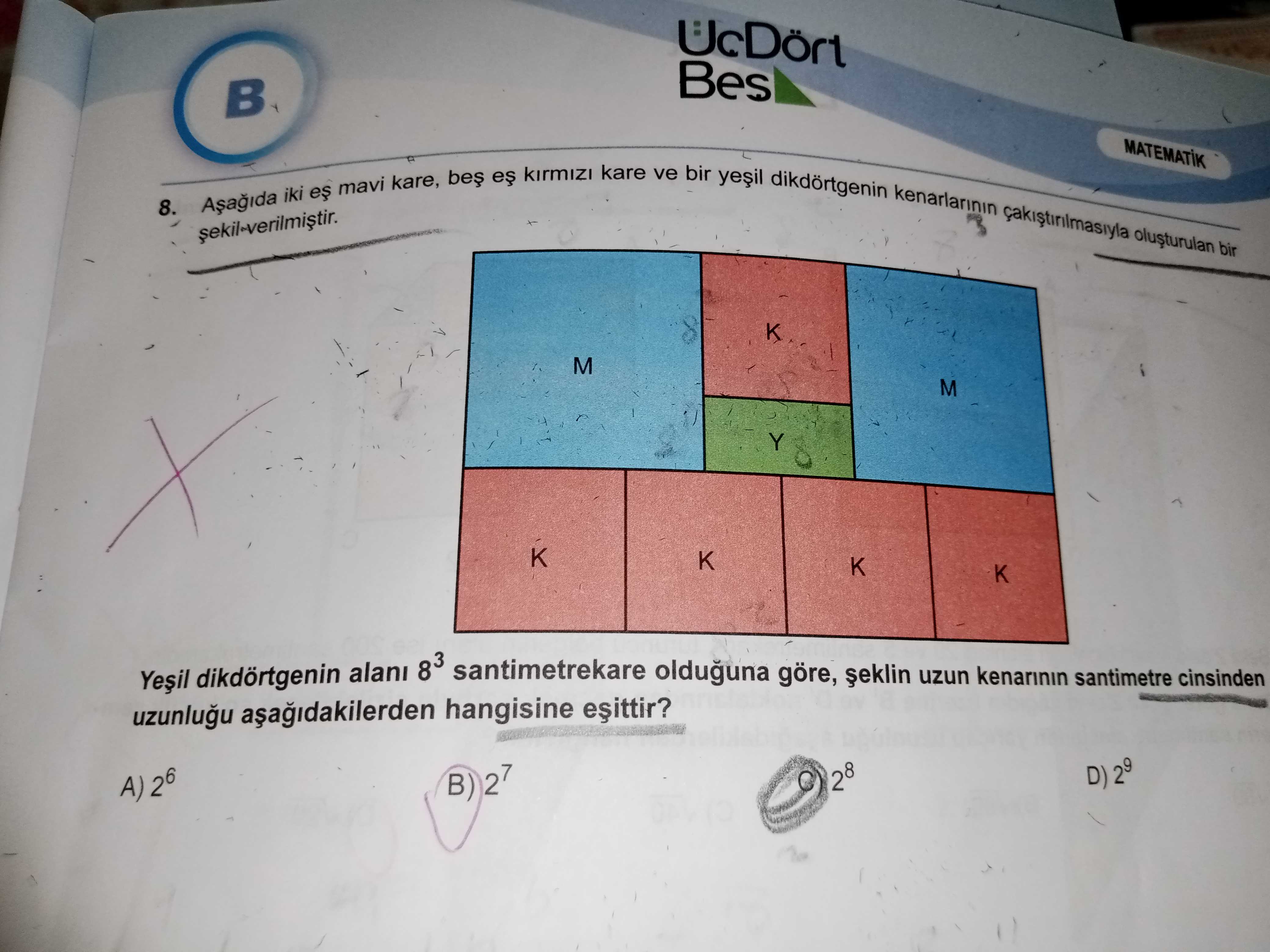 Aşağıda iki eş mavi kare, beş eş kırmızı kare ve bir yeşil dikdörtgenin kenarlarının