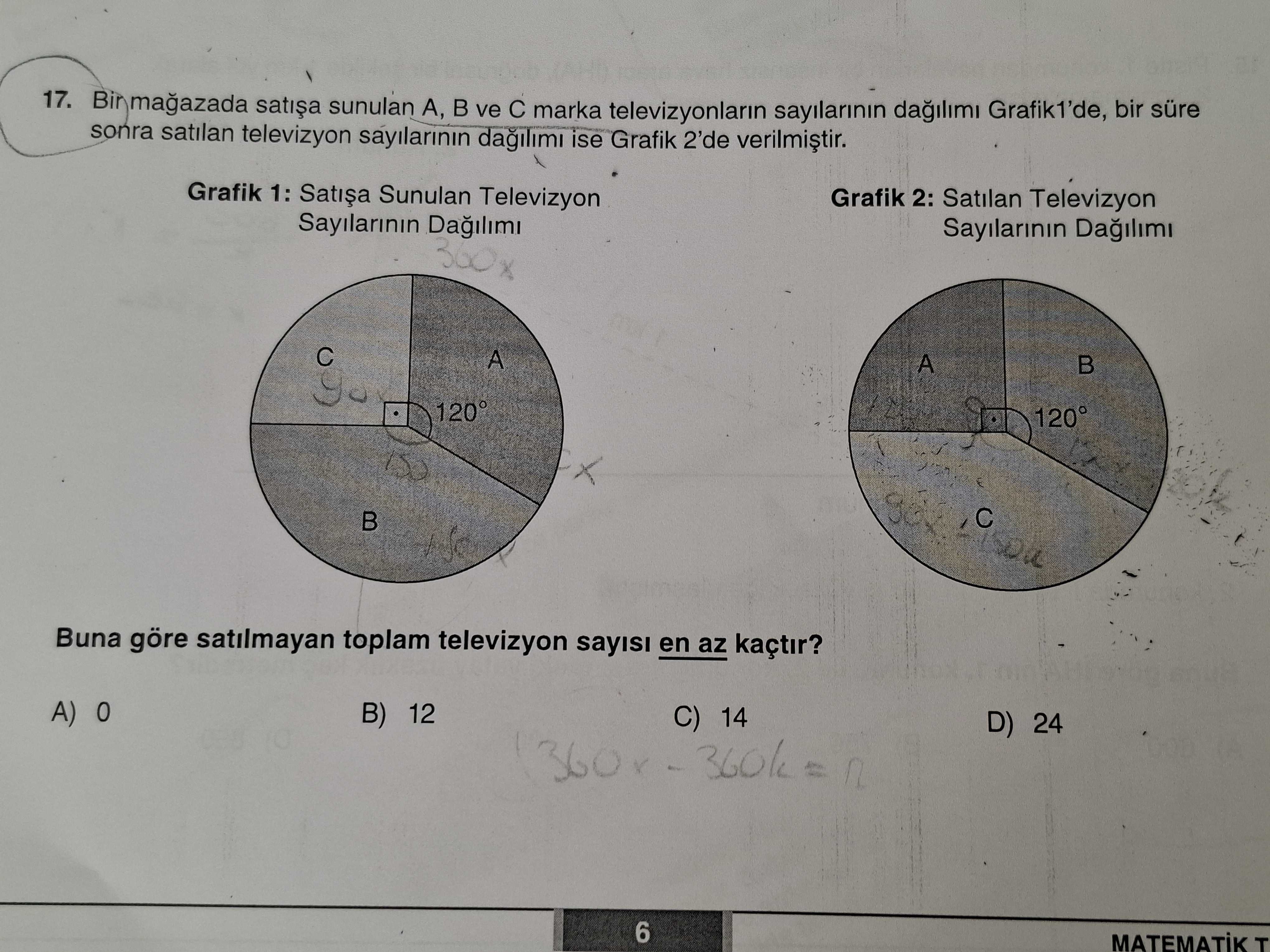 Bir mağazada satışa sunulan A, B ve C marka televizyonların sayılarının dağılımı Grafik1'de, bir