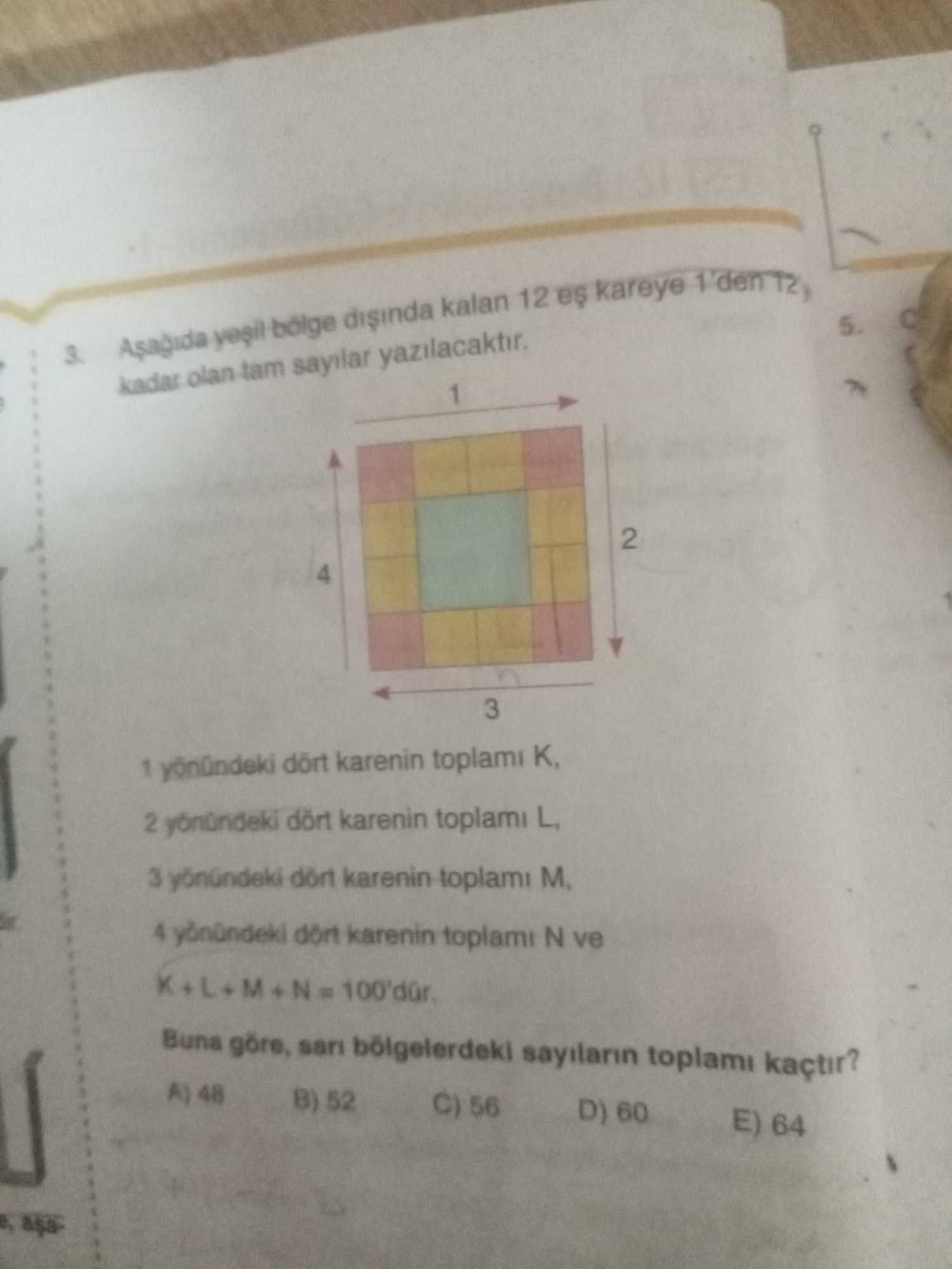 Aşağıda yeşil bölge dışında kalan 12 eş kareye 1'den 12'ye kadar olan tam sayılar yazılacaktır. 1