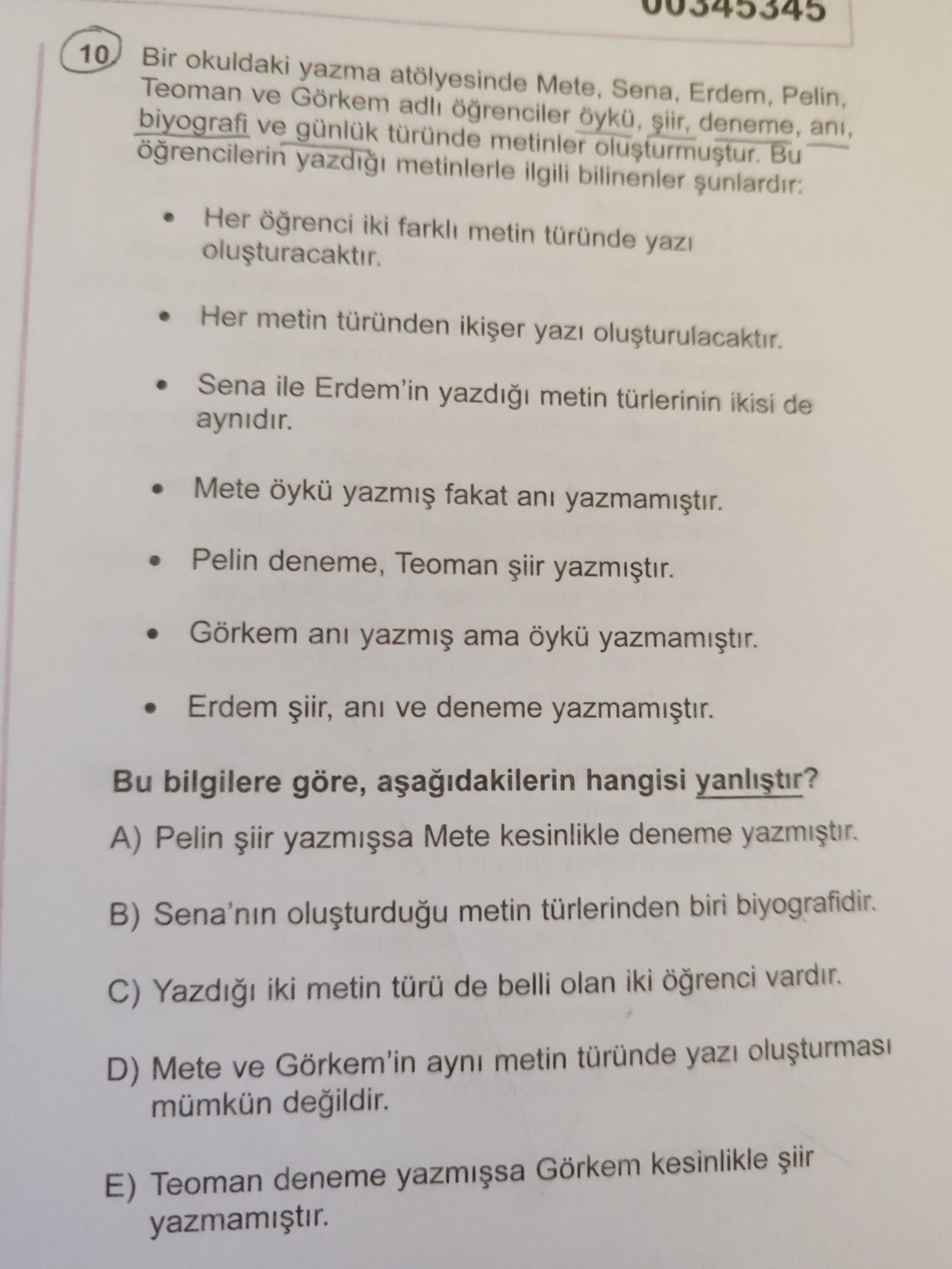 Bir okuldaki yazma atölyesinde Mete, Sena, Erdem, Pelin, Teoman ve Görkem adlı öğrenciler öykü