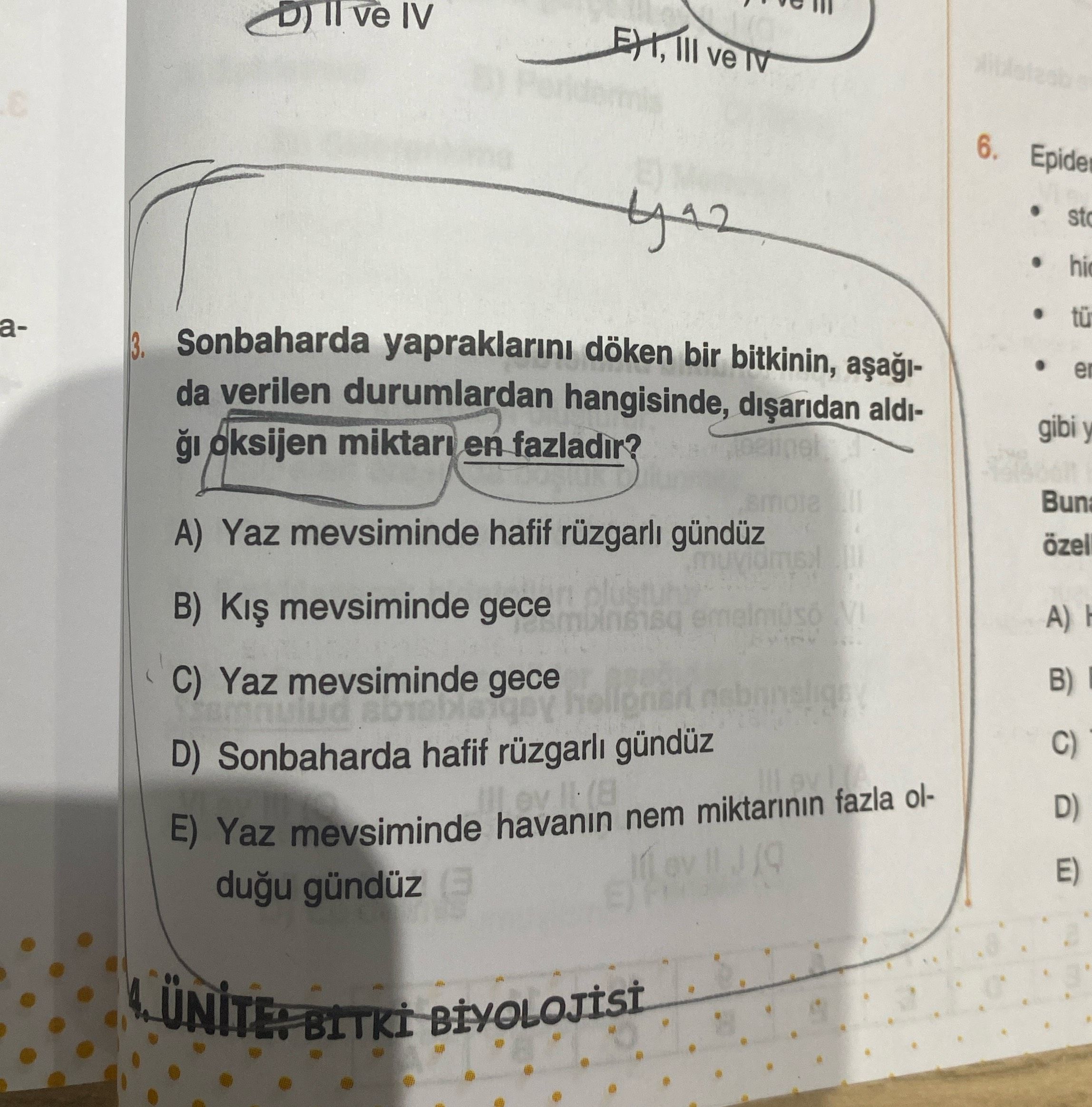 Sonbaharda yapraklarını döken bir bitkinin, aşağıda verilen durumlardan hangisinde, dışarıdan aldığı
