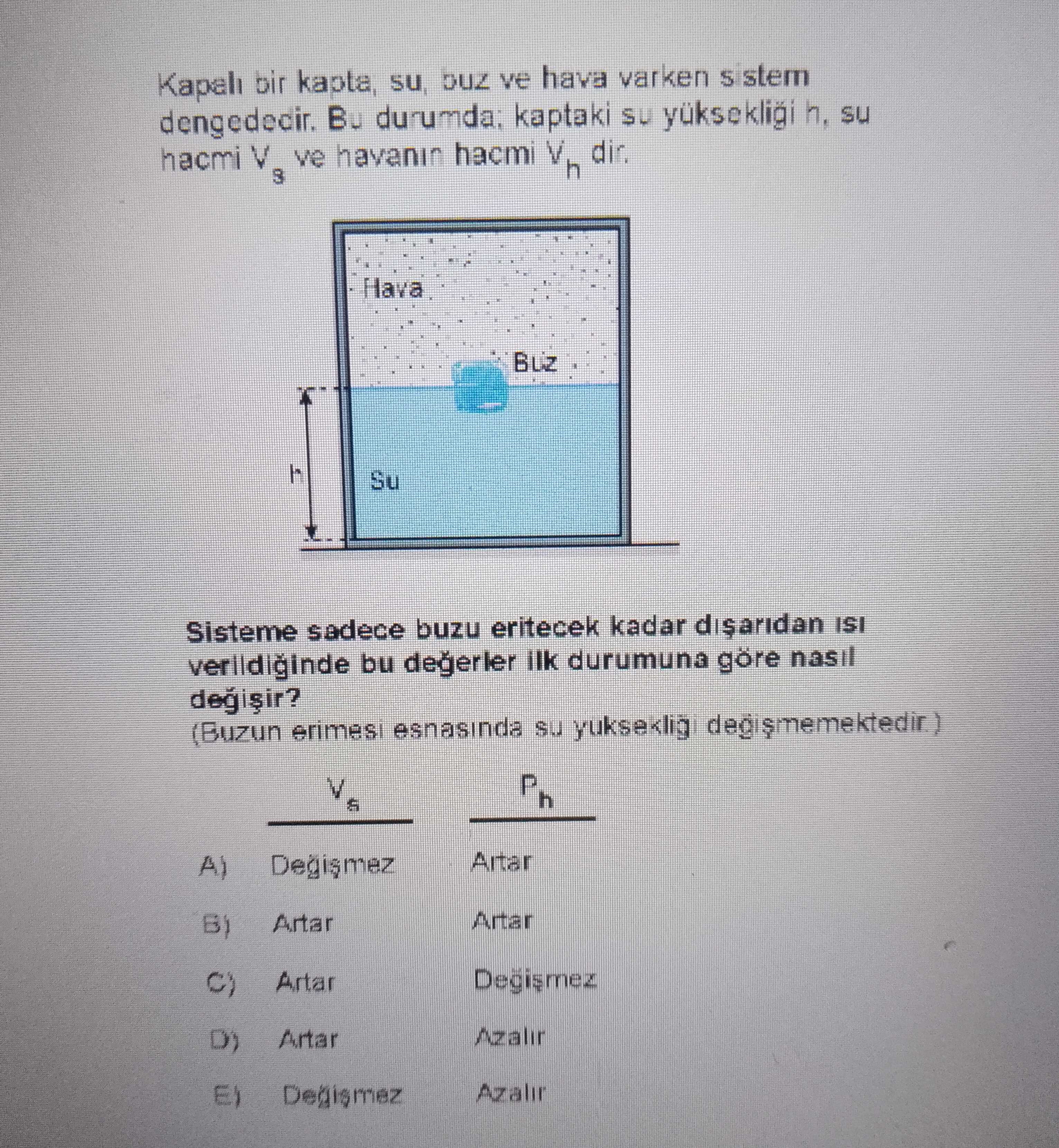 Kapalı bir kapta, su, buz ve hava varken sistem dengededir. Bu durumda; kaptaki su yüksekliği h, su