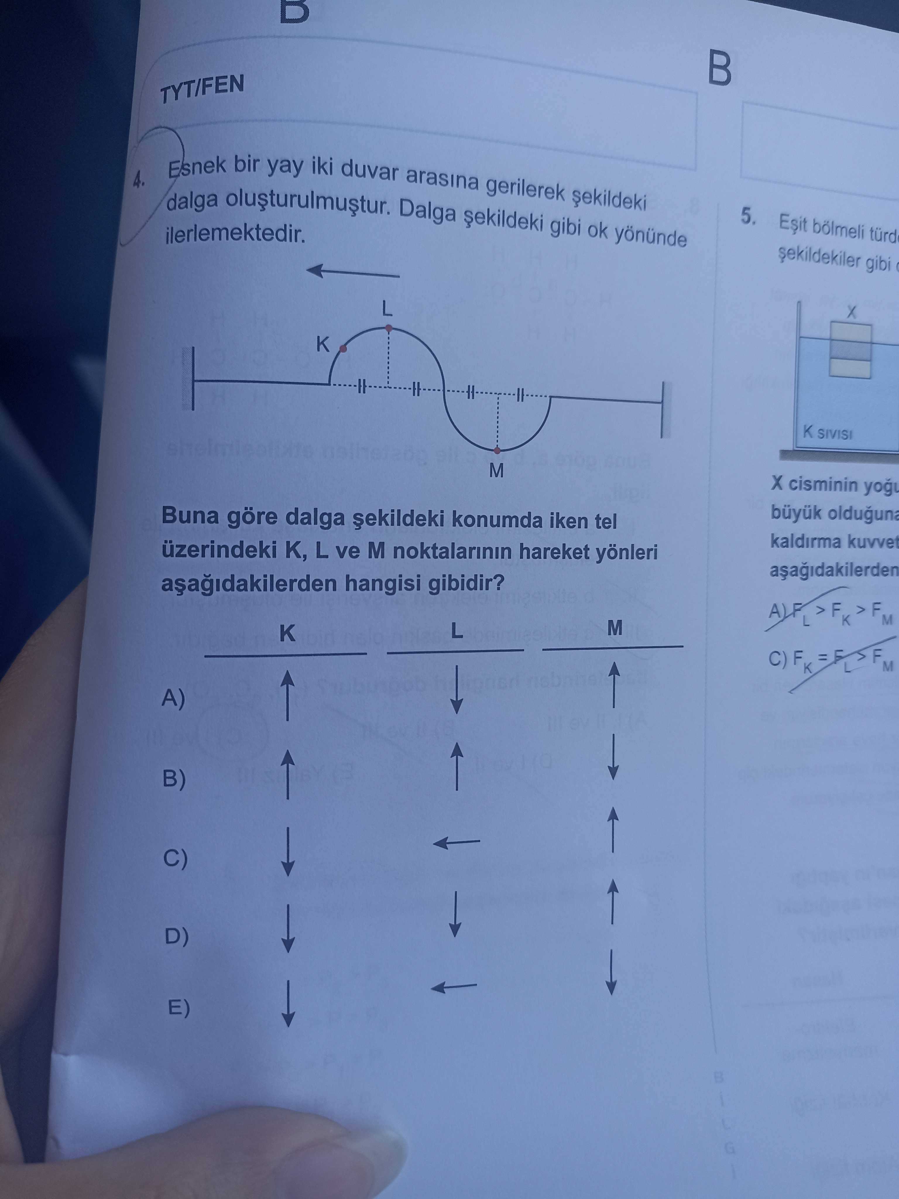 Esnek bir yay iki duvar arasına gerilerek şekildeki dalga oluşturulmuştur. Dalga şekildeki gibi ok