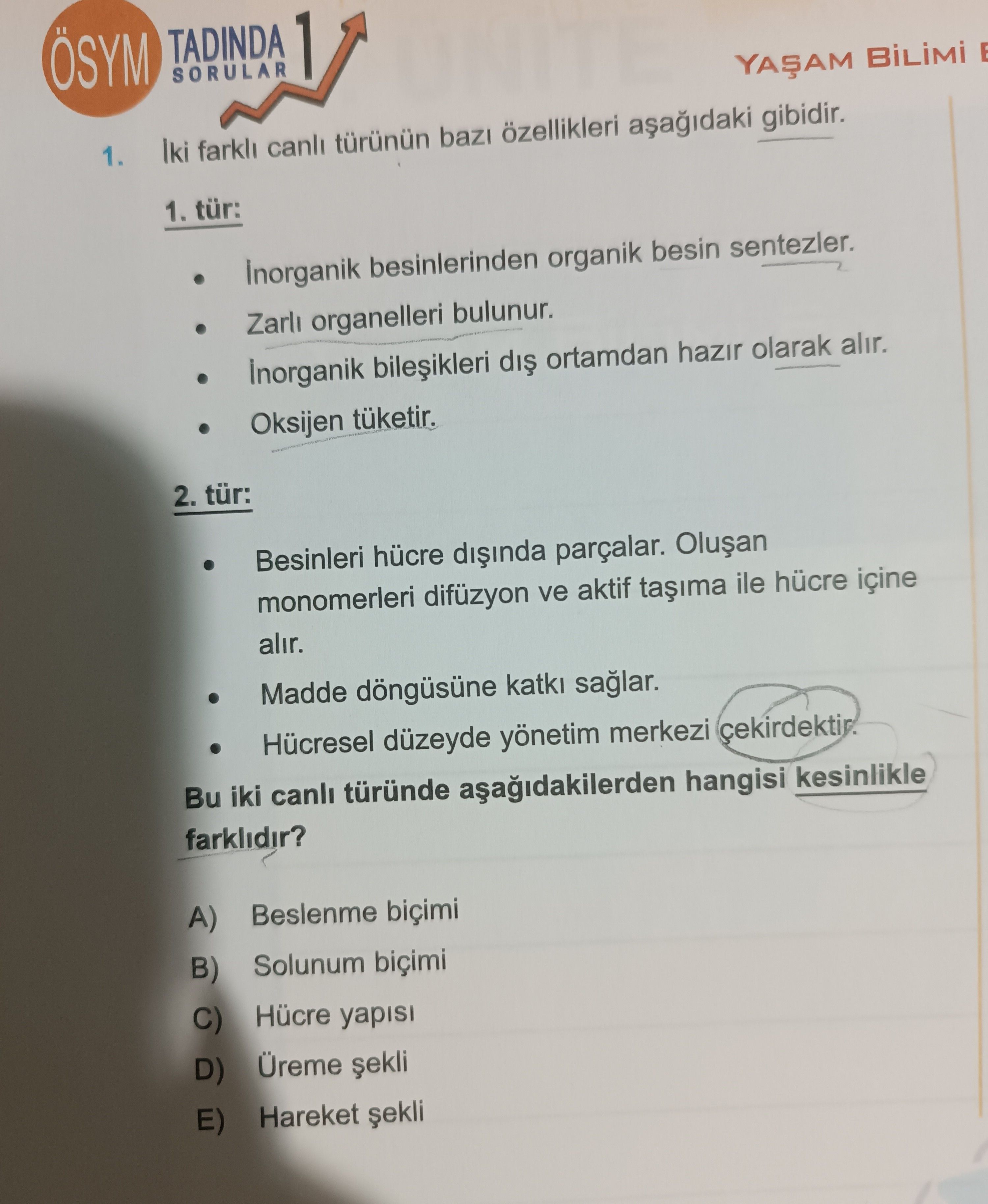 İki farklı canlı türünün bazı özellikleri aşağıdaki gibidir. 1. tür: • İnorganik besinlerinden