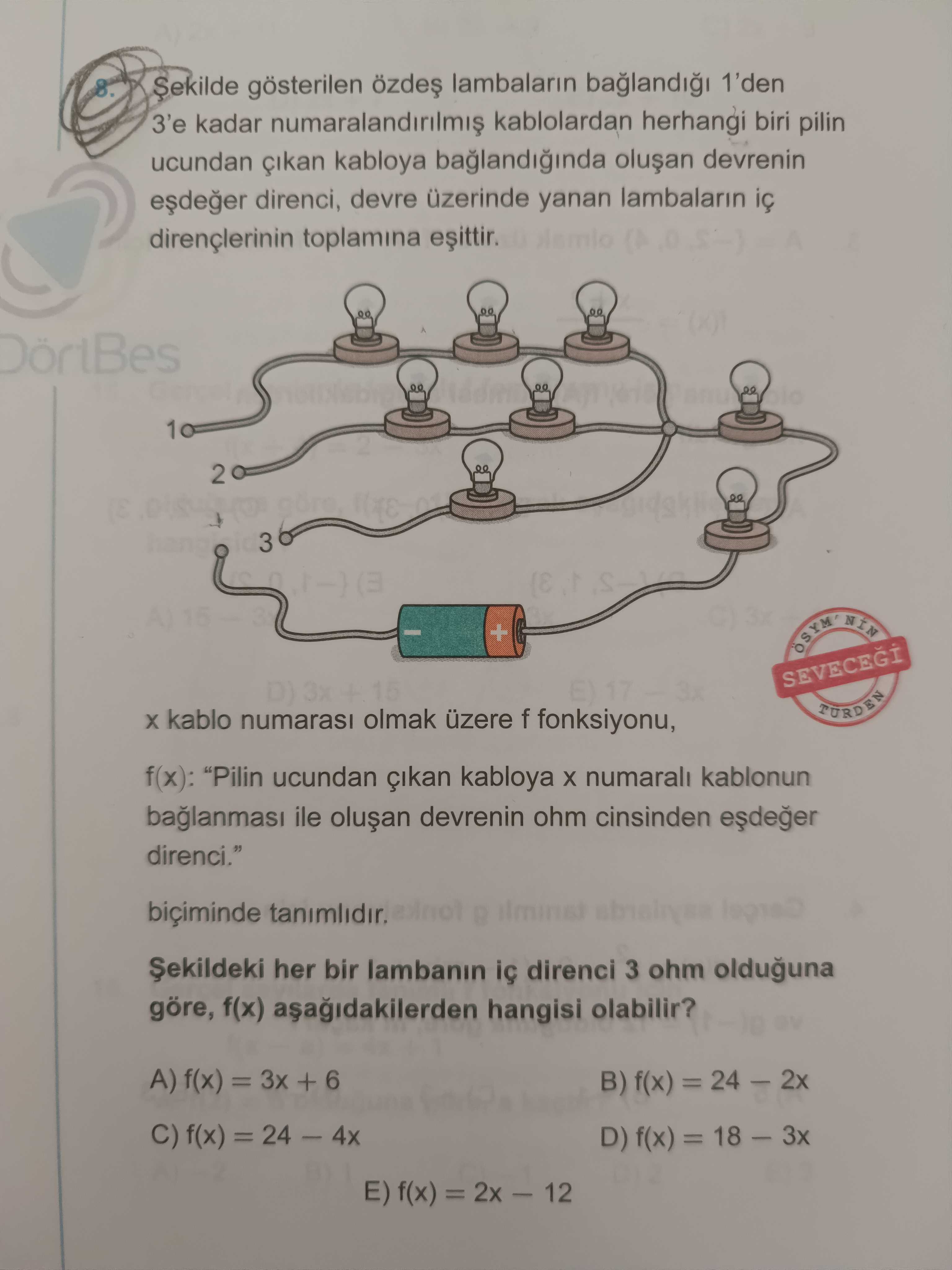 Şekilde gösterilen özdeş lambaların bağlandığı 1'den 3'e kadar numaralandırılmış kablolardan