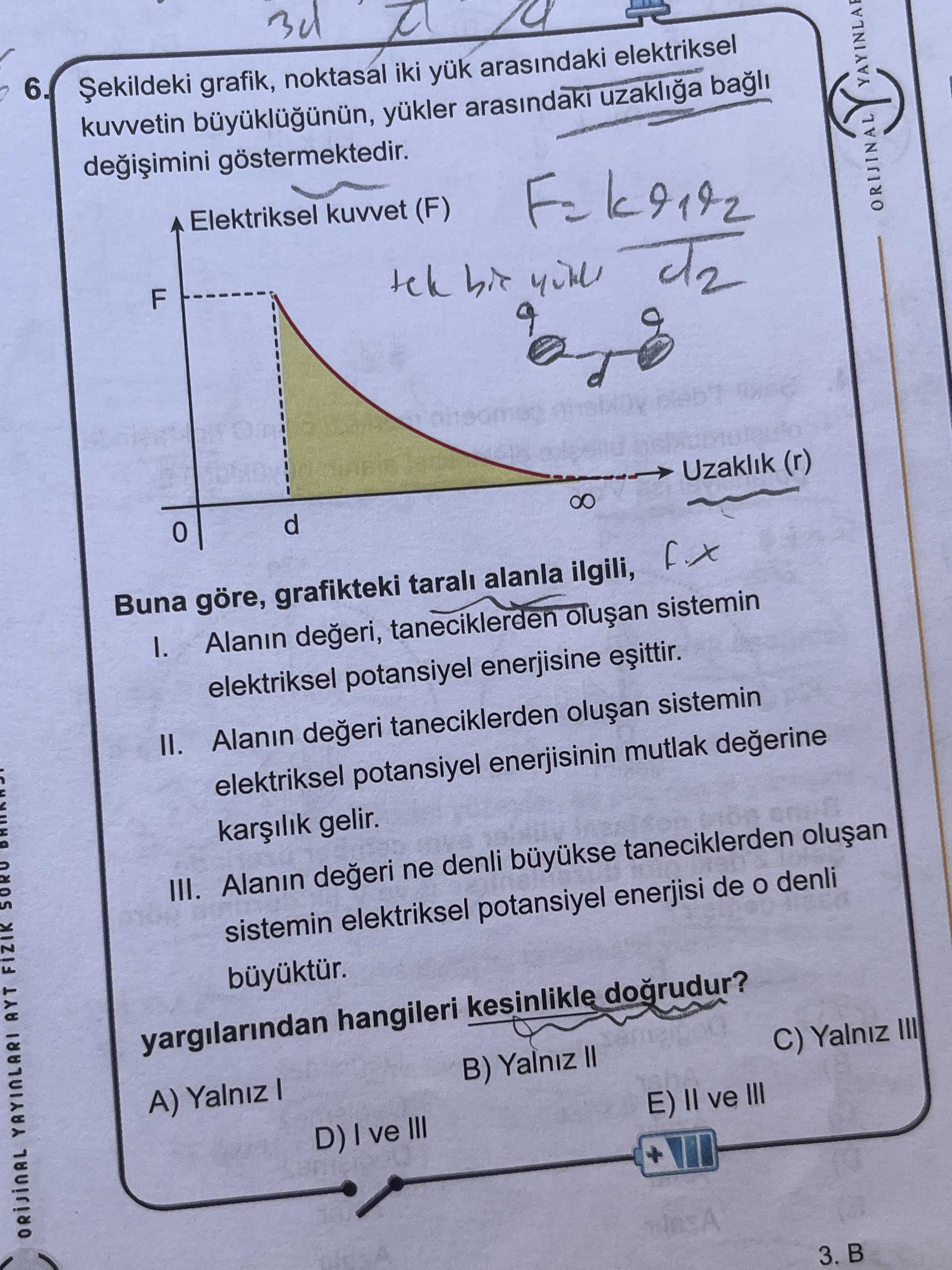 Şekildeki grafik, noktasal iki yük arasındaki elektriksel kuvvetin büyüklüğünün, yükler arasındaki