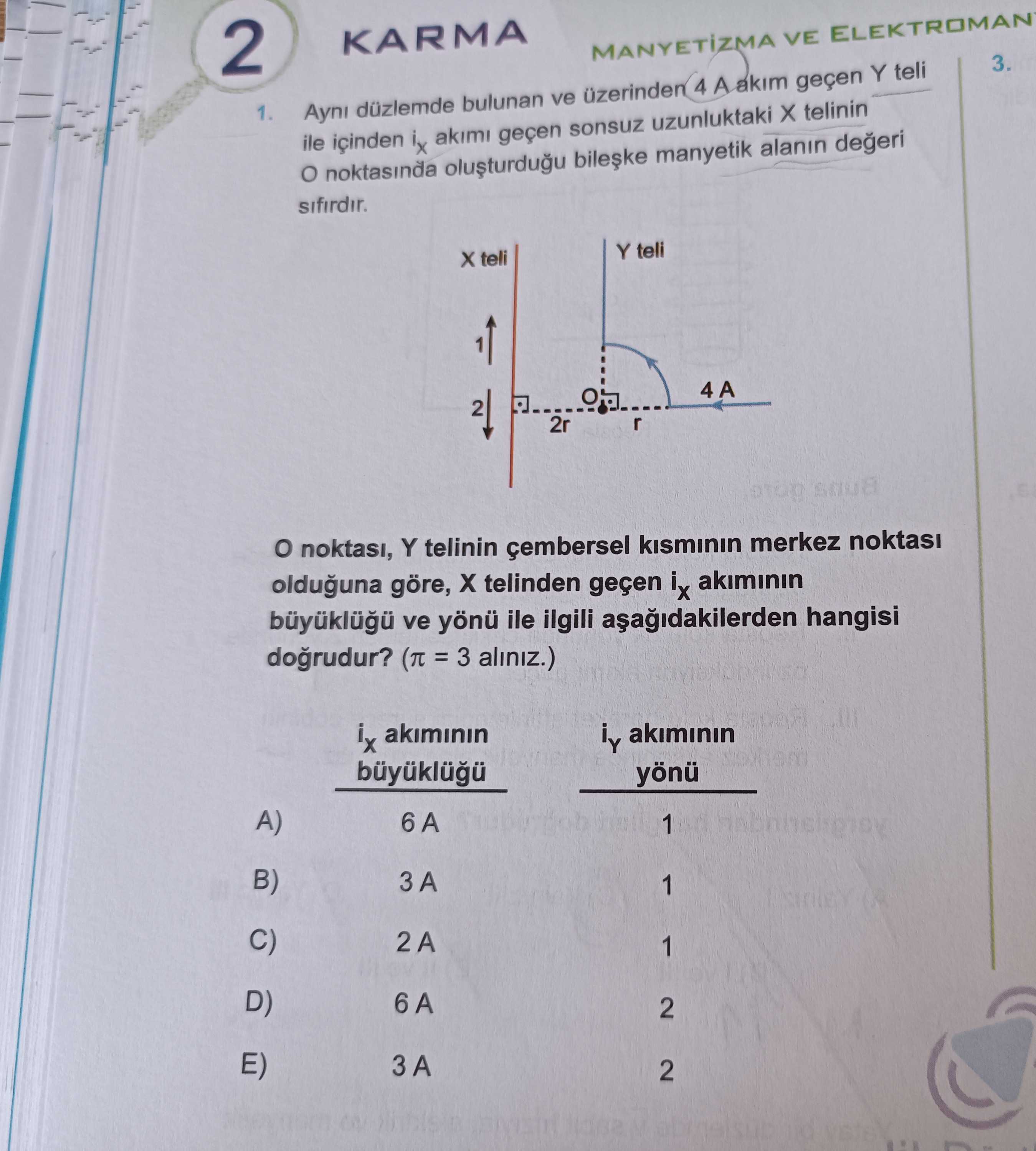 Aynı düzlemde bulunan ve üzerinden 4 A akım geçen Y teli ile içinden iₓ akımı geçen sonsuz