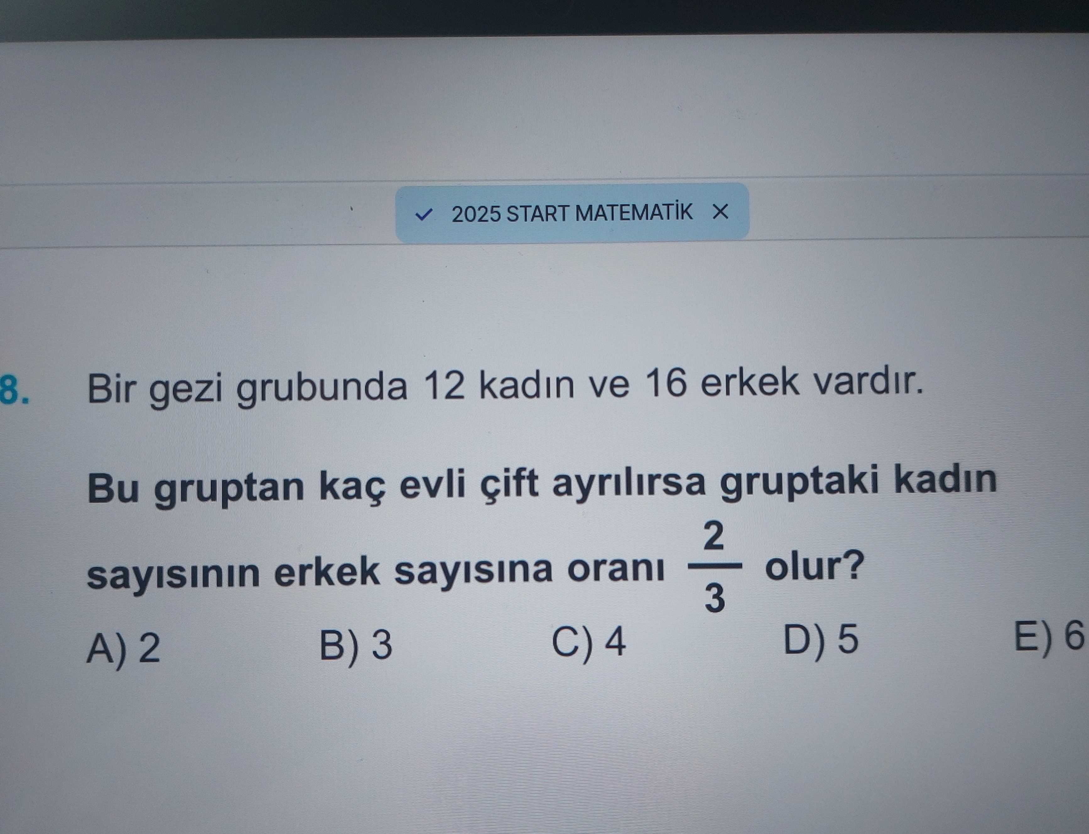 Bir gezi grubunda 12 kadın ve 16 erkek vardır. Bu gruptan kaç evli çift ayrılırsa gruptaki kadın