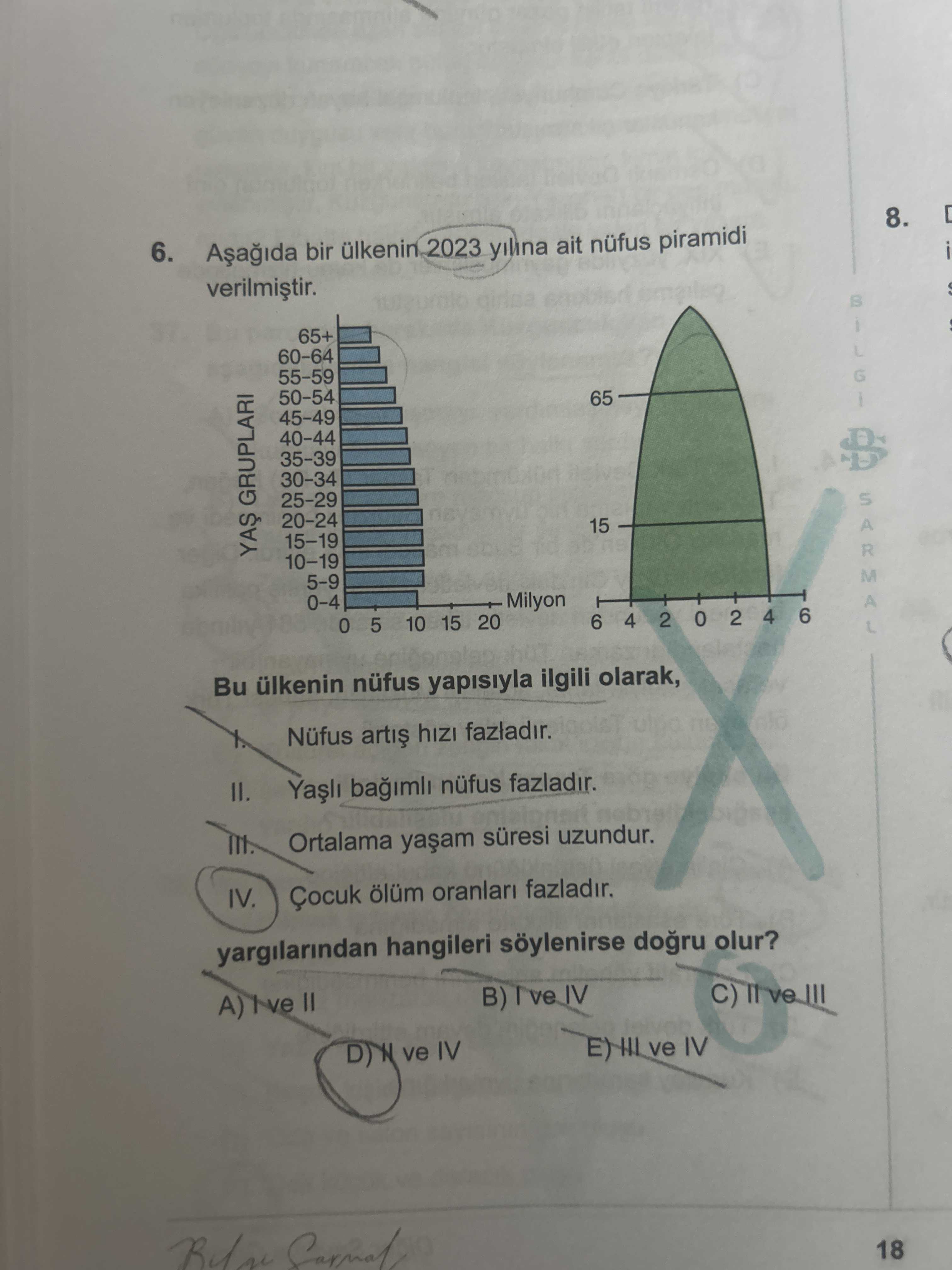 Aşağıda bir ülkenin 2023 yılına ait nüfus piramidi verilmiştir. Bu ülkenin nüfus yapısıyla ilgili