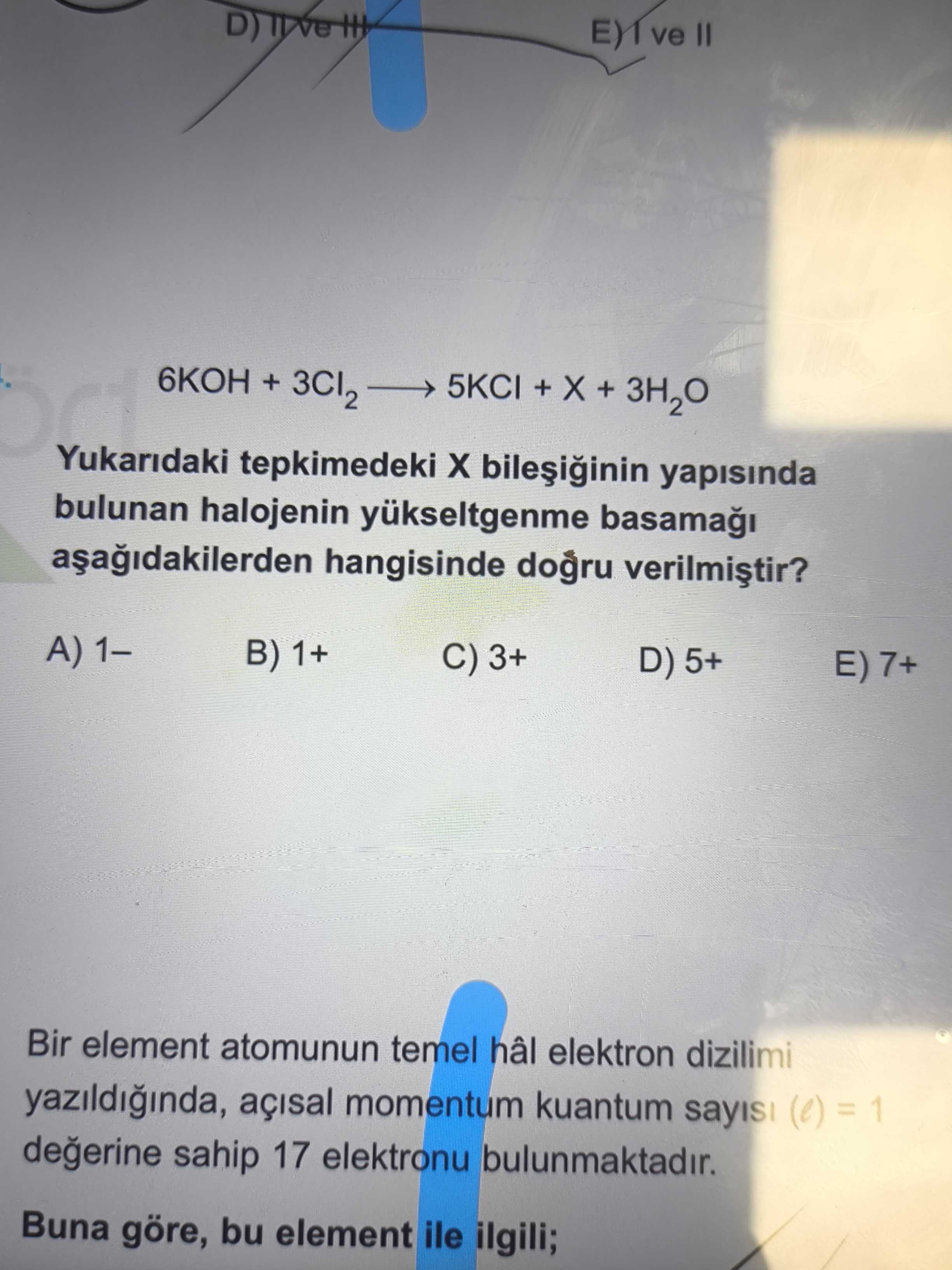 6KOH + 3Cl₂ ——→ 5KCl + X + 3H₂O Yukarıdaki tepkimedeki X bileşiğinin yapısında bulunan halojenin