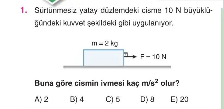 Sürtünmesiz yatay düzlemdeki cisme 10 N büyüklüğündeki kuvvet şekildeki gibi uygulanıyor. Buna göre