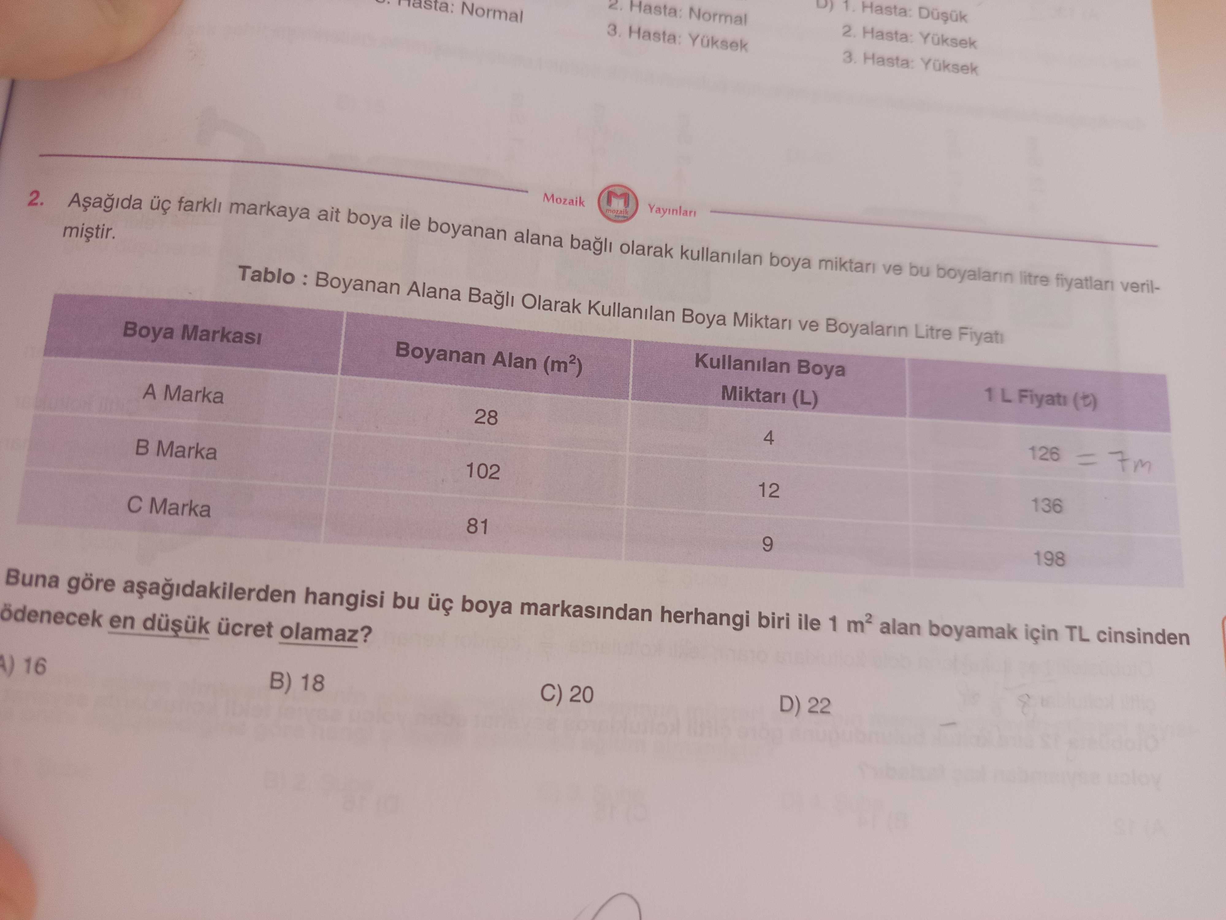 Aşağıda üç farklı markaya ait boya ile boyanan alana bağlı olarak kullanılan boya miktarı ve bu