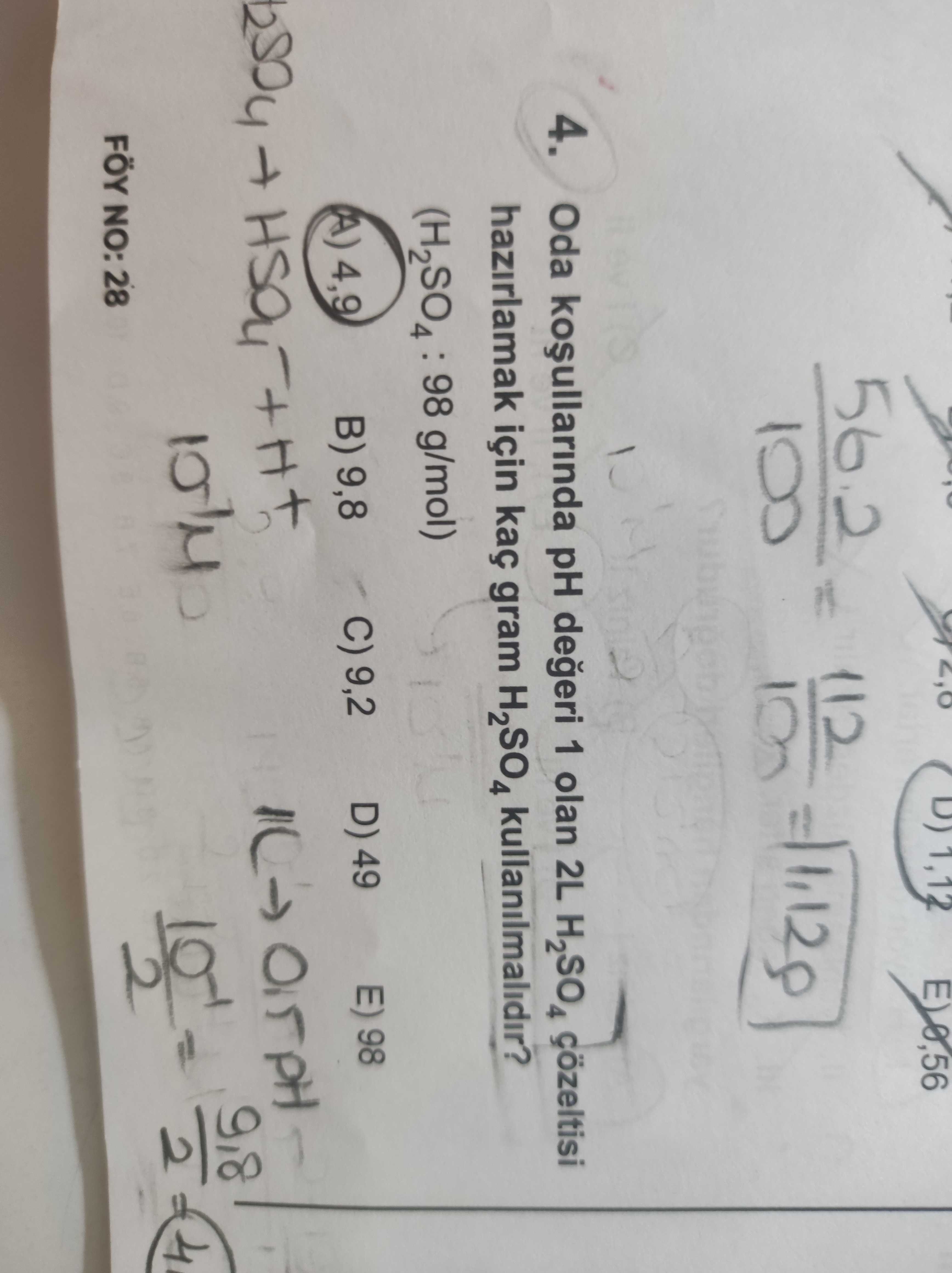 Oda koşullarında pH değeri 1 olan 2L H₂SO₄ çözeltisi hazırlamak için kaç gram H₂SO₄ kullanılmalıdır?
