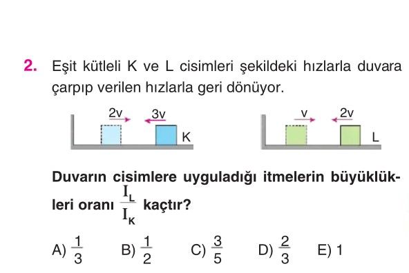 Eşit kütleli K ve L cisimleri şekildeki hızlarla duvara çarpıp verilen hızlarla geri dönüyor