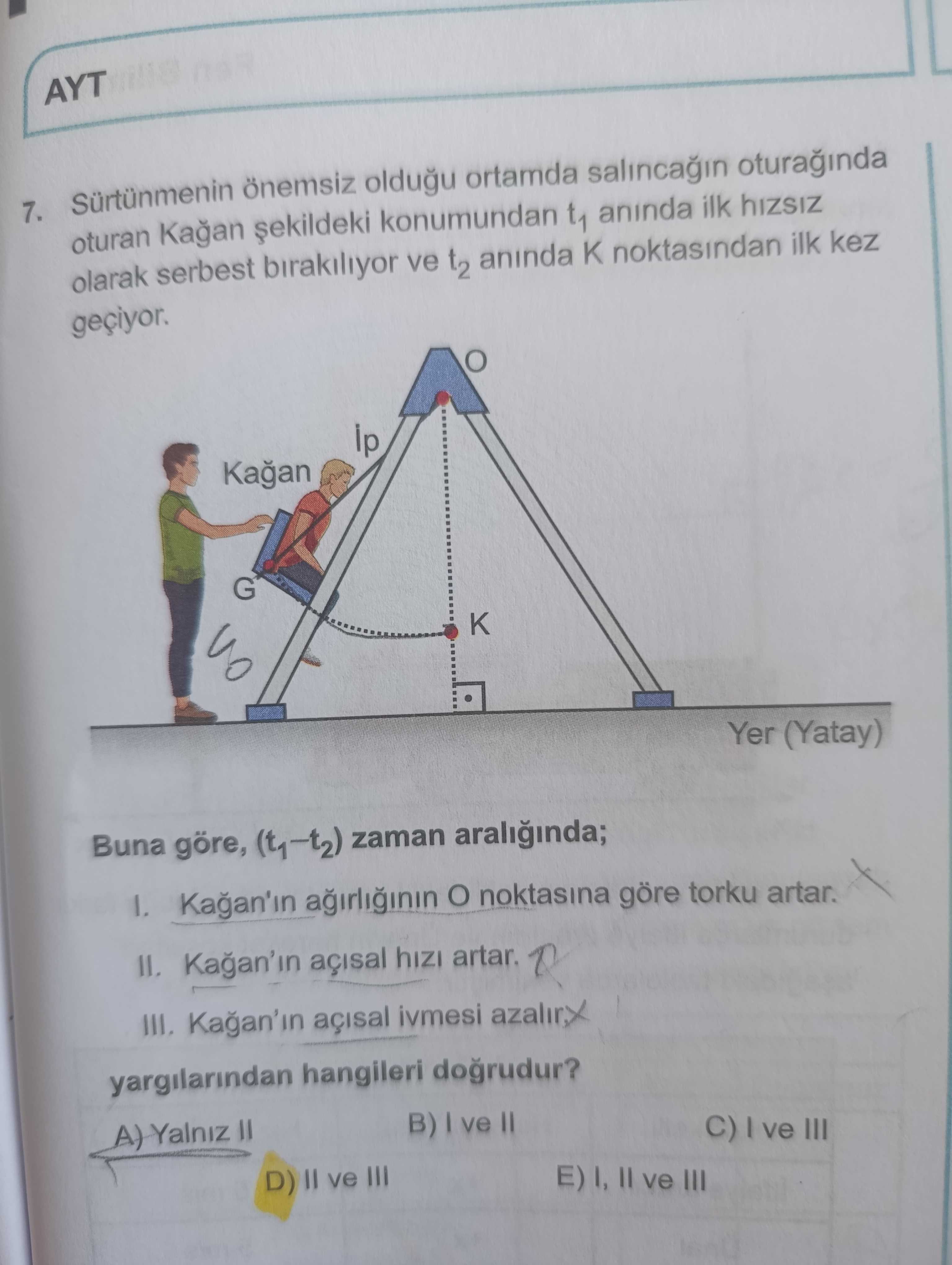 Sürtünmenin önemsiz olduğu ortamda salıncağın oturağında oturan Kağan şekildeki konumundan t₁ anında