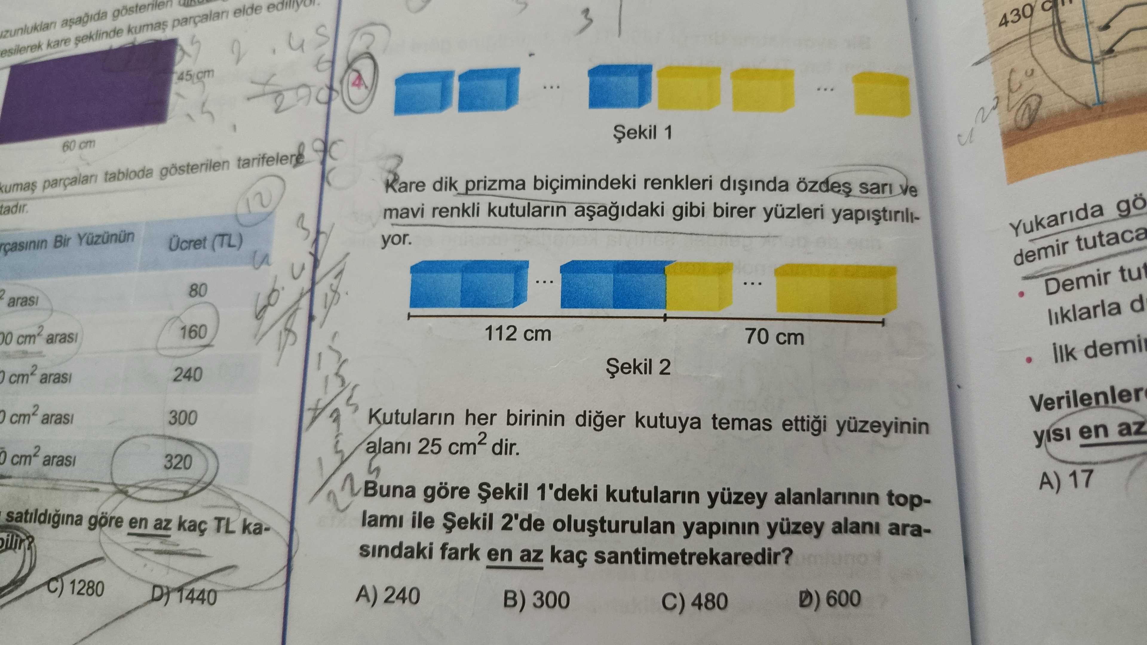 Kare dik prizma biçimindeki renkleri dışında özdeş sarı ve mavi renkli kutuların aşağıdaki gibi