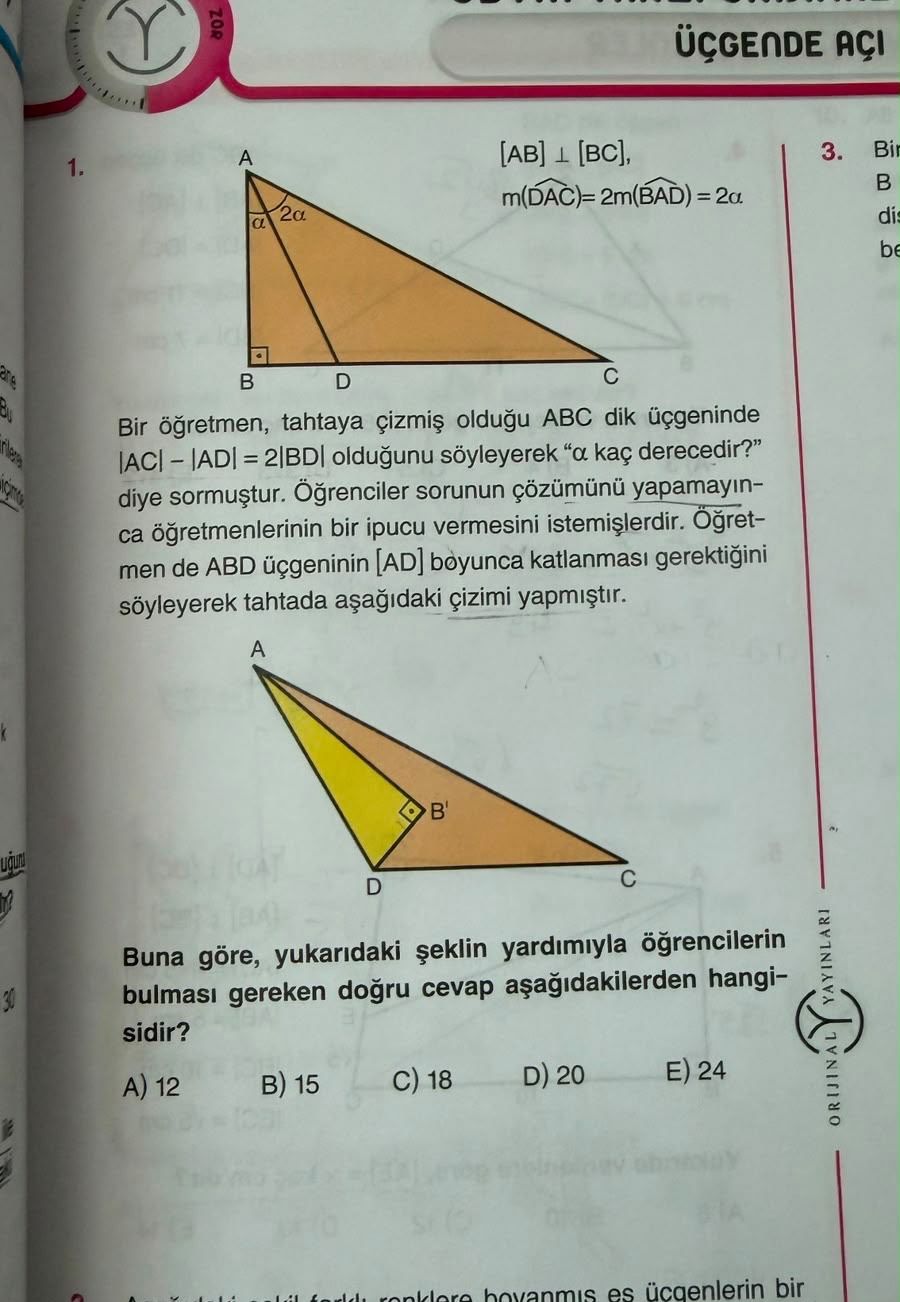 boyunca katlanmasıyla elde edilen şekil gösterilmiş; B' noktası ve dik açı işareti mevcut, D ve C