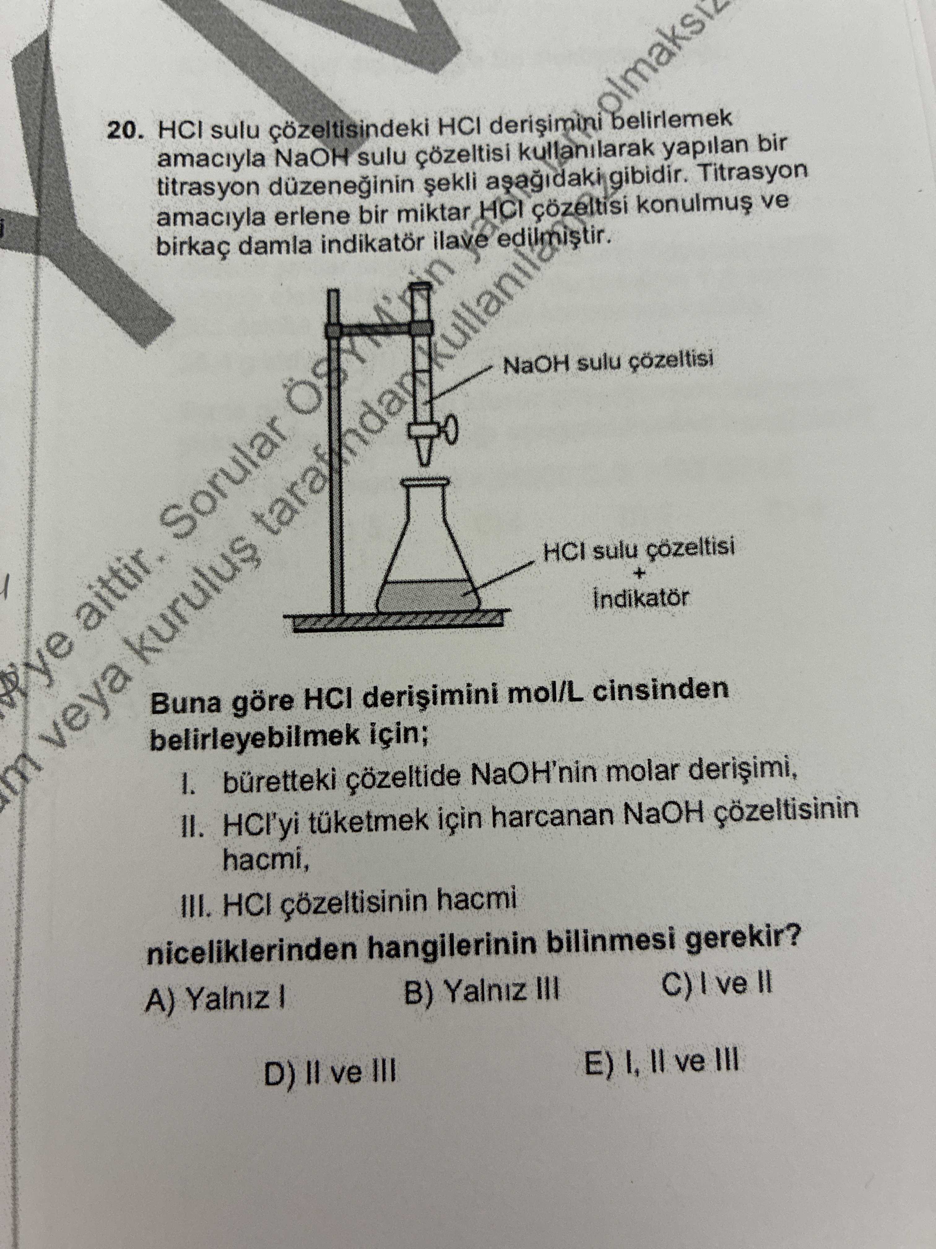 HCl sulu çözeltisindeki HCl derişimini belirlemek amacıyla NaOH sulu çözeltisi kullanılarak yapılan