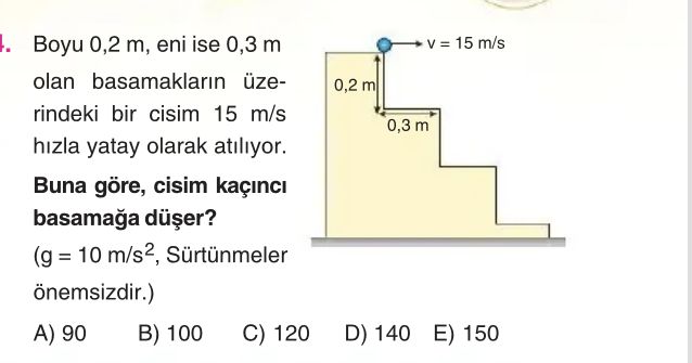 Boyu 0,2 m, eni ise 0,3 m olan basamakların üzerindeki bir cisim 15 m/s hızla yatay olarak atılıyor