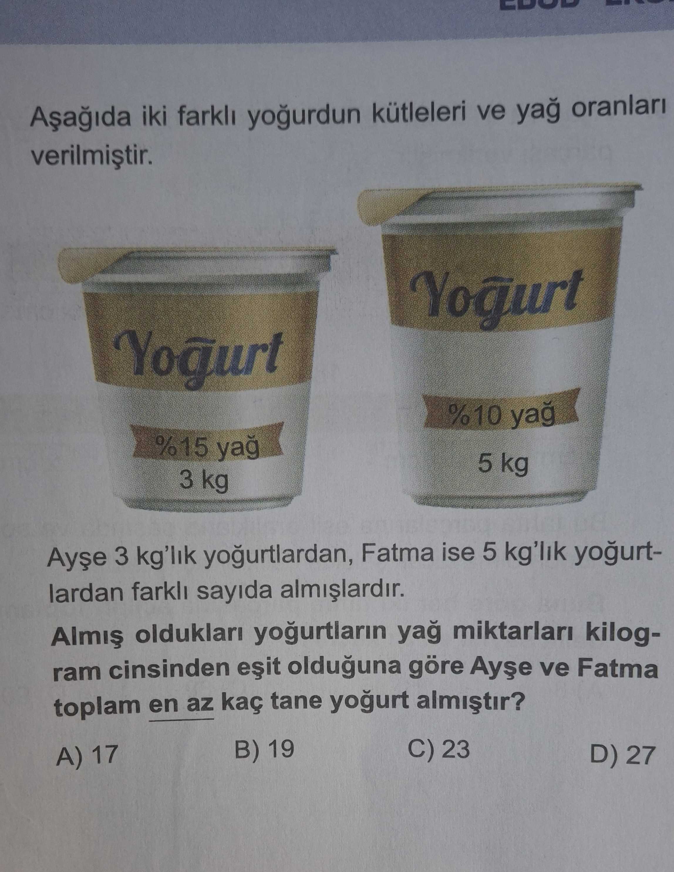 Aşağıda iki farklı yoğurdun kütleleri ve yağ oranları verilmiştir. Ayşe 3 kg'lık yoğurtlardan, Fatma