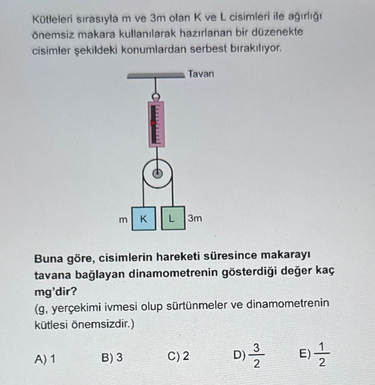 Kütleleri sırasıyla m ve 3m olan K ve L cisimleri ile ağırlığı önemsiz makara kullanılarak