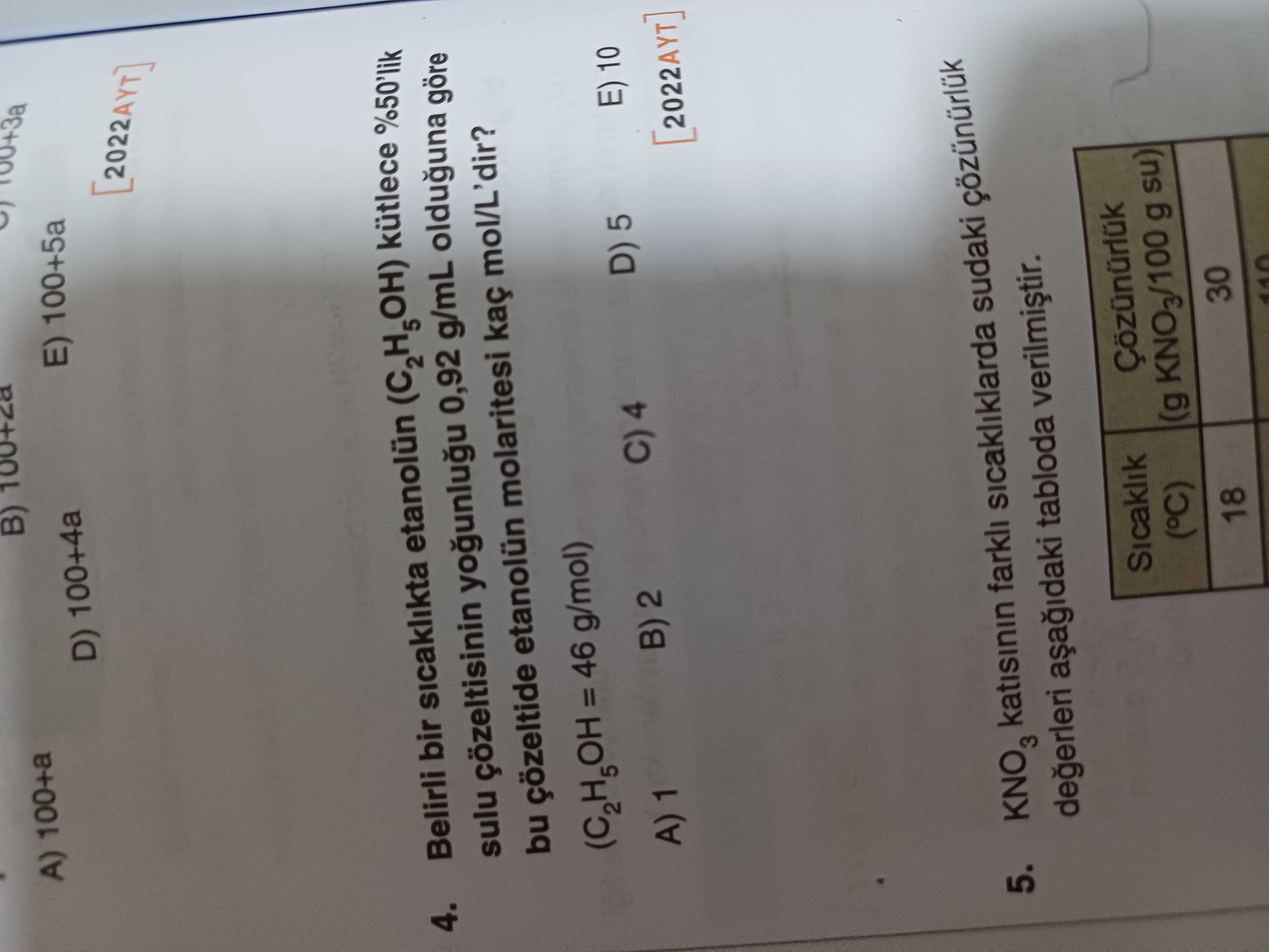 Belirli bir sıcaklıkta etanolün (C₂H₅OH) kütlece %50'lik sulu çözeltisinin yoğunluğu 0,92 g/mL