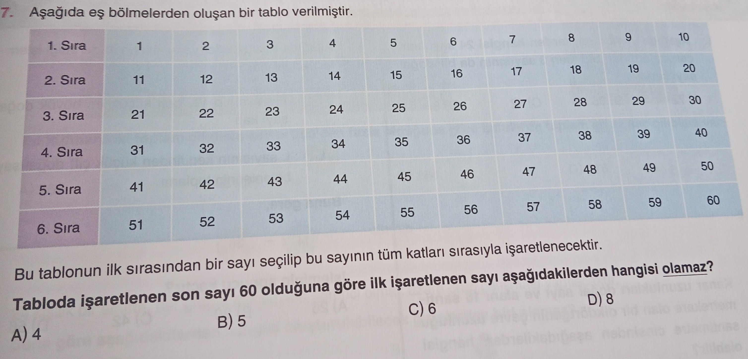 Aşağıda eş bölmelerden oluşan bir tablo verilmiştir. 1. Sıra: 1, 2, 3, 4, 5, 6, 7, 8, 9, 10 2. Sıra