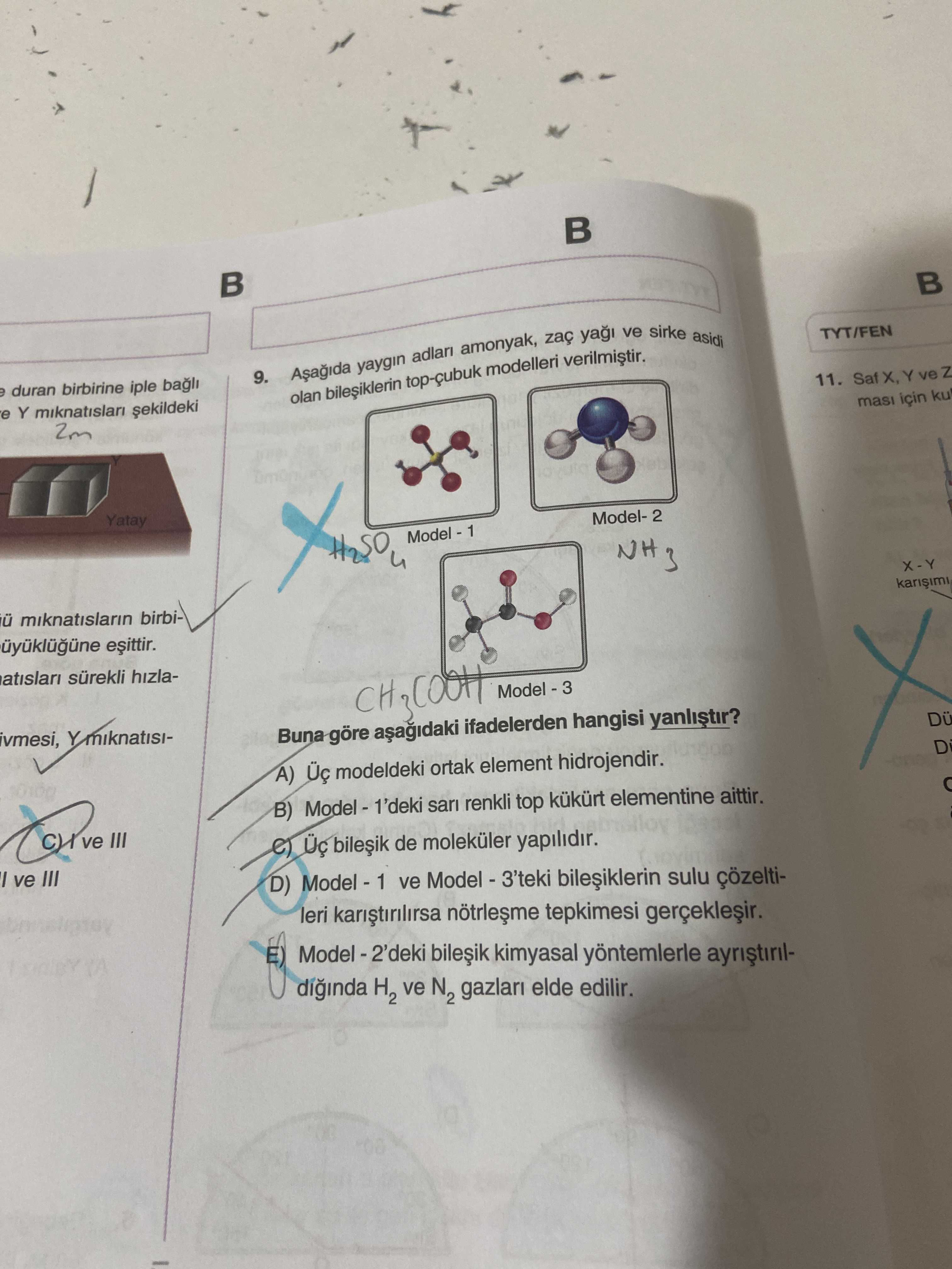 Aşağıda yaygın adları amonyak, zaç yağı ve sirke asidi olan bileşiklerin top-çubuk modelleri